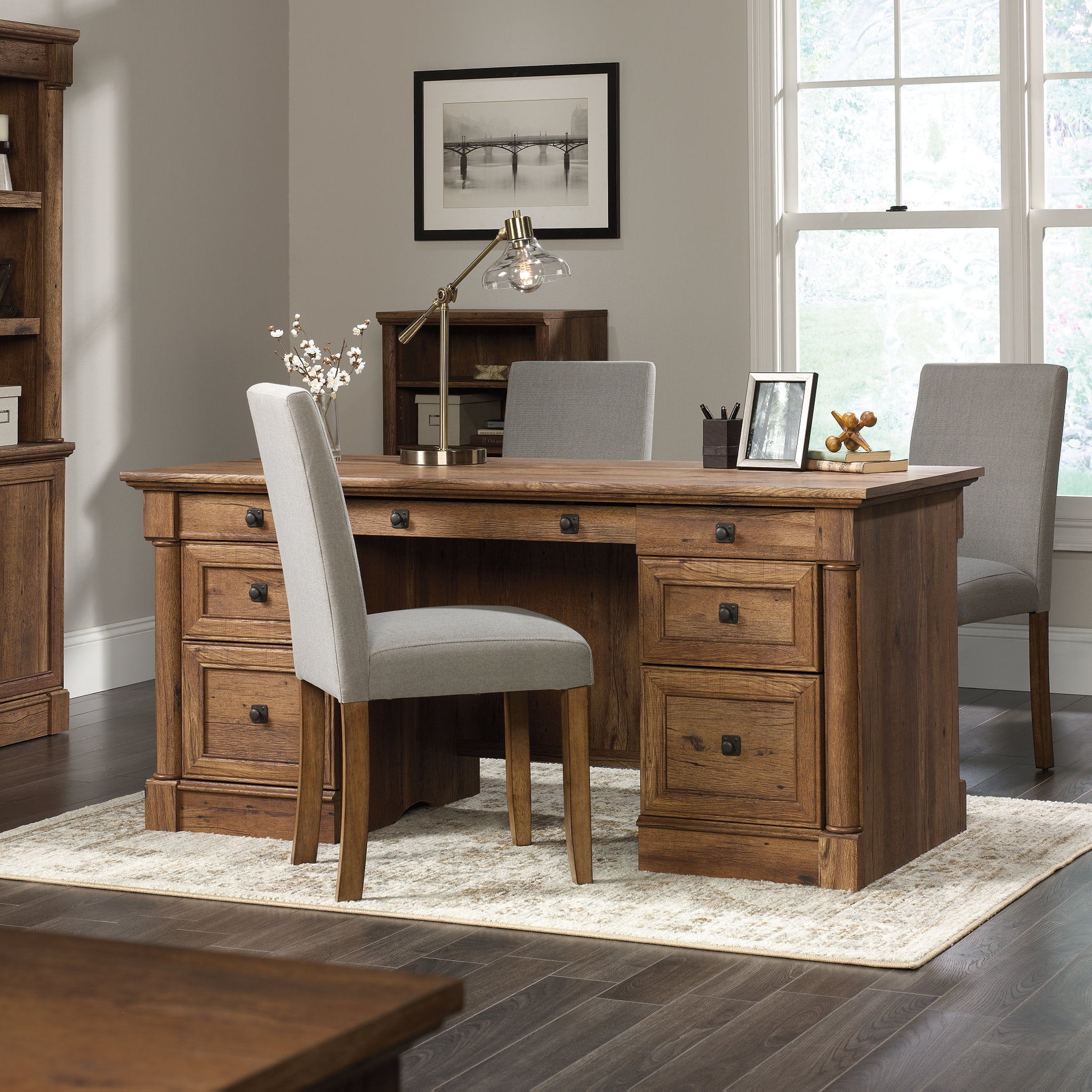 Vintage Oak Executive Desk with Drawers and Power Outlet
