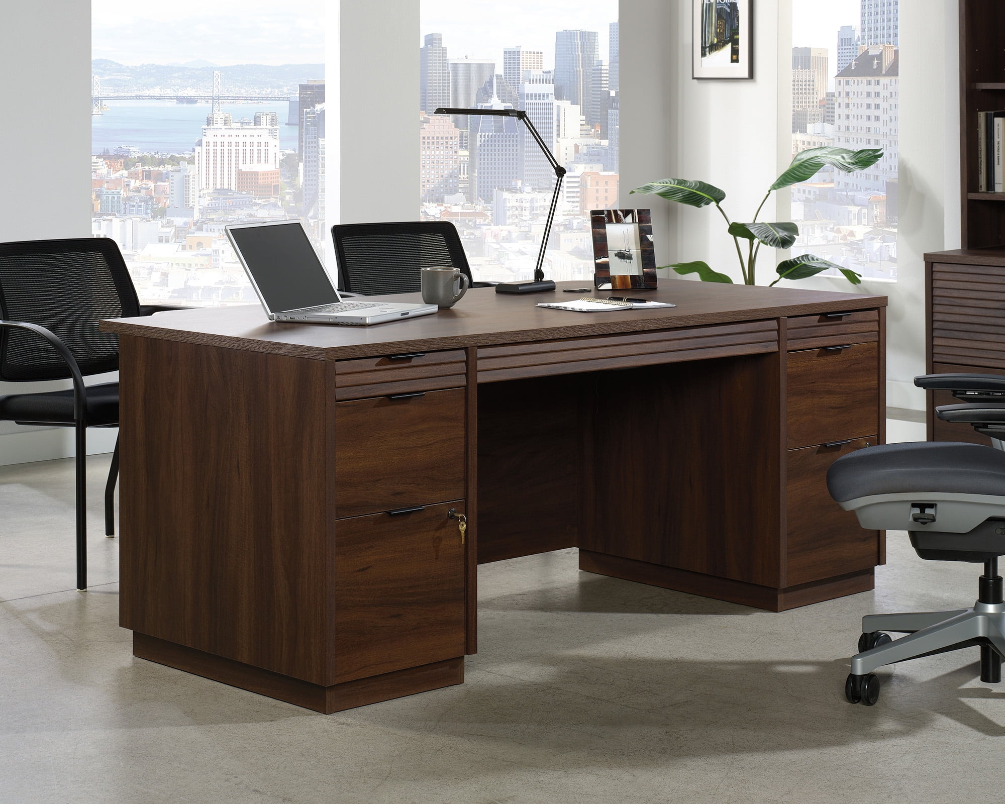 Spiced Mahogany Executive Corner Desk with Drawer and Keyboard Tray
