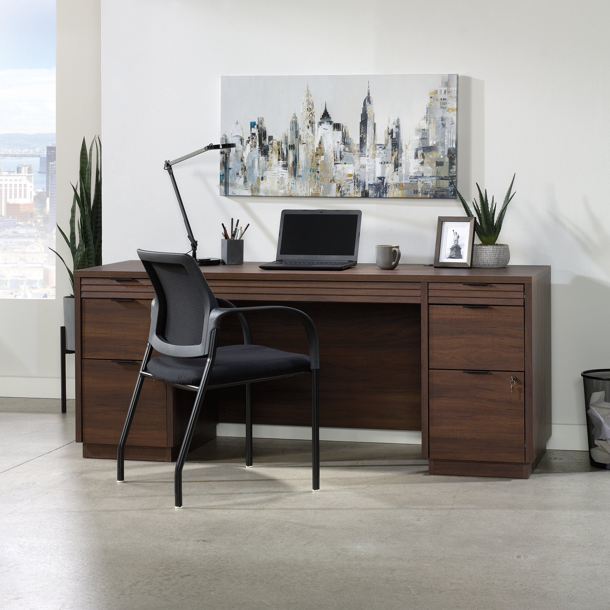 Spiced Mahogany 72" Black Wooden Credenza Desk with Keyboard Tray