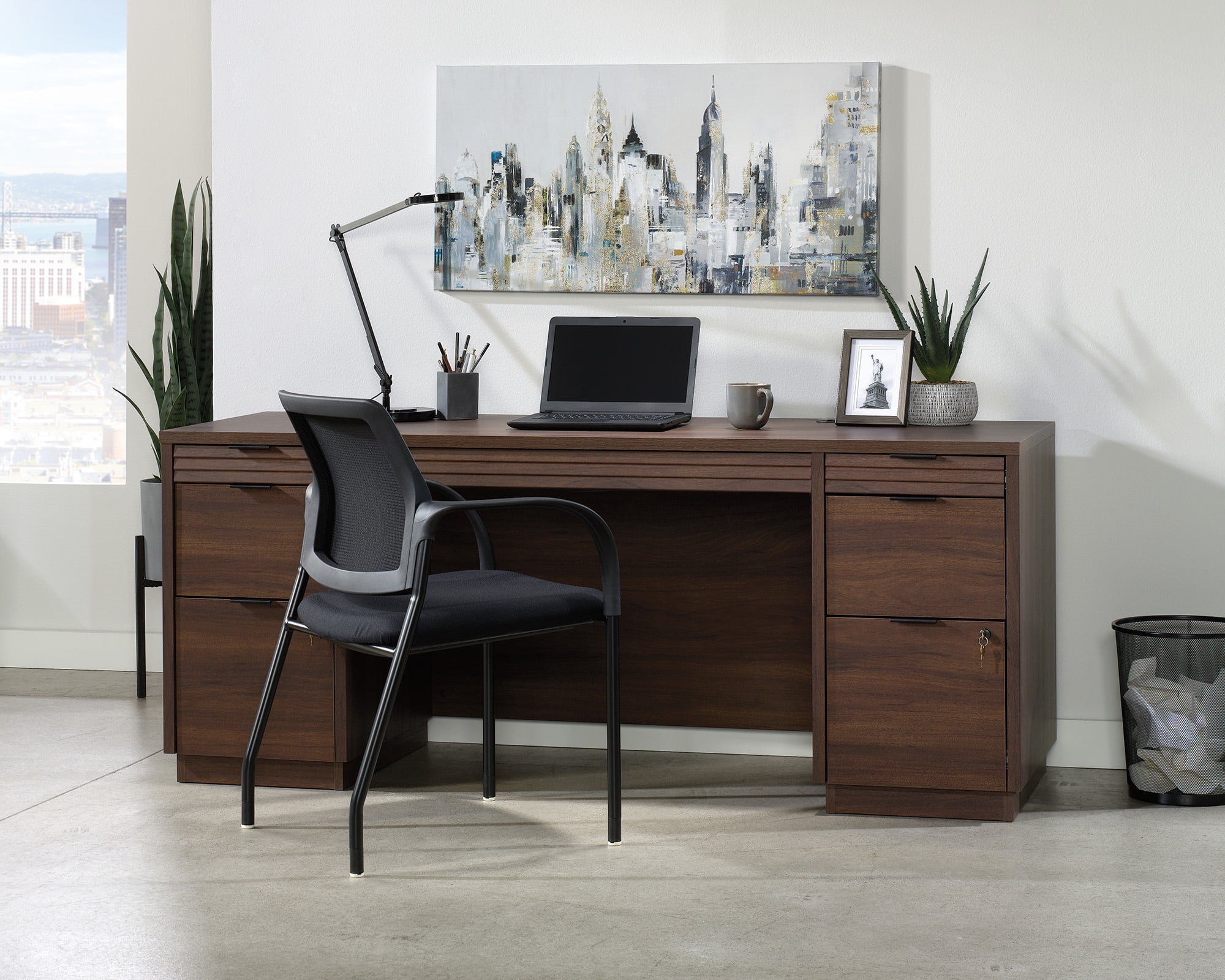 Spiced Mahogany 72" Black Wooden Credenza Desk with Keyboard Tray