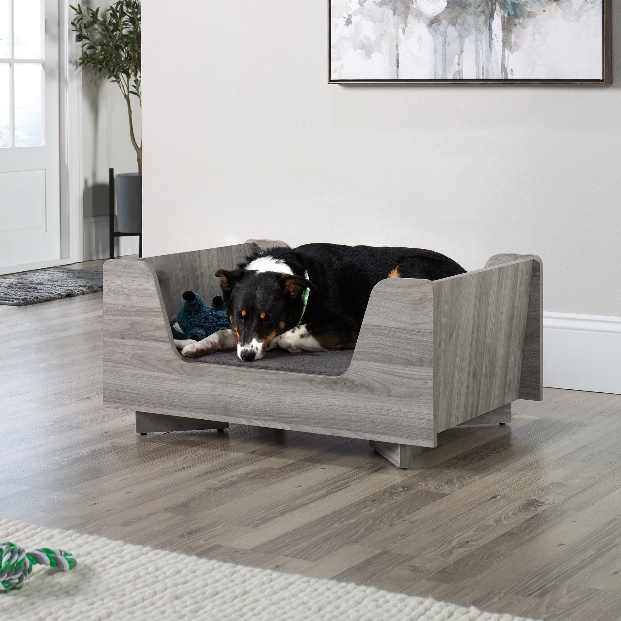 Sauder Pet Furniture Milo Modern Dog Bed, Light Walnut Finish