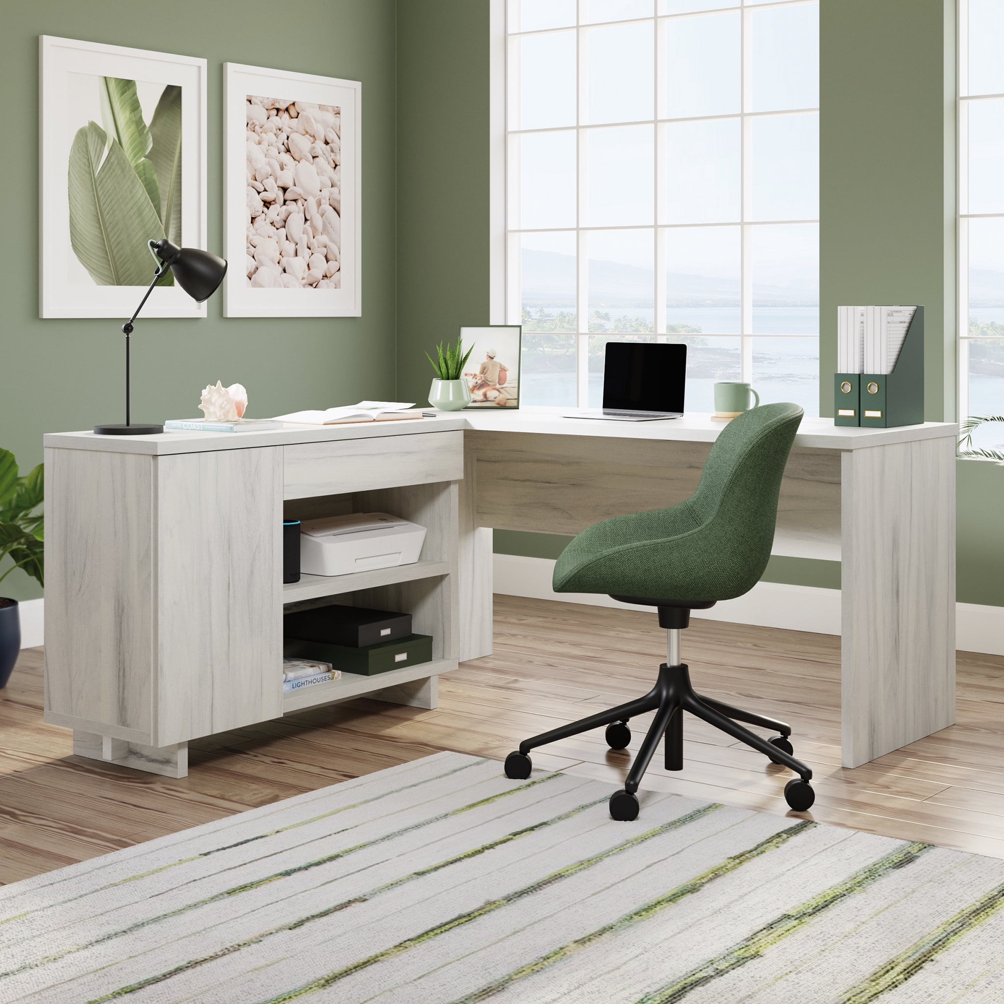 Brown Wood L-Shaped Corner Desk with Drawer and Filing Cabinet