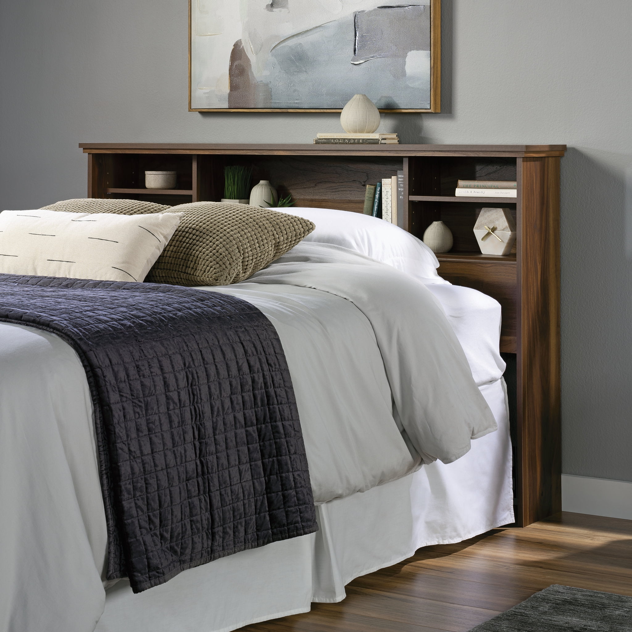 Full Size Grand Walnut Wood Bookcase Headboard with Storage