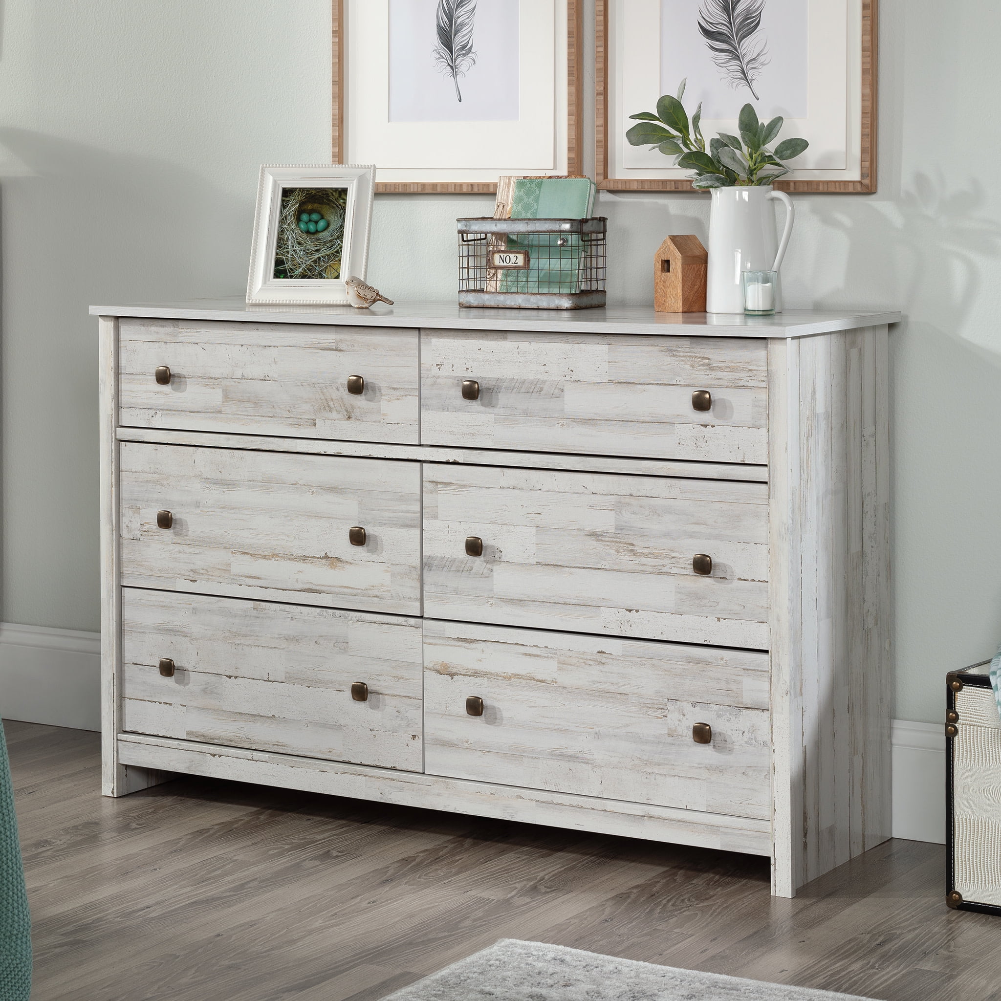 Sauder River Ranch Rustic 6-Drawer Dresser with Metal Runner
