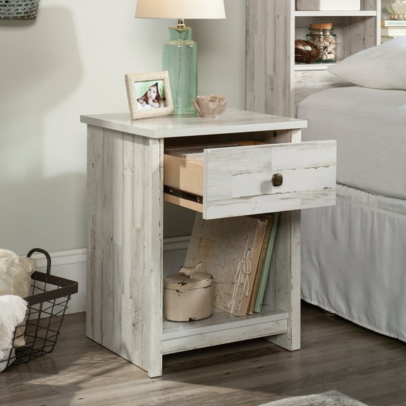 Sauder River Ranch Rustic Nightstand with Drawer, White Plank Finish