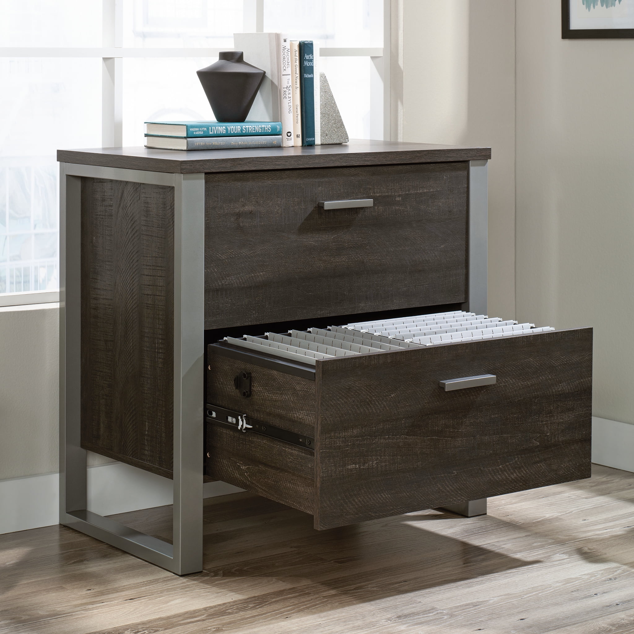 Blade Walnut 2-Drawer Lateral File Cabinet with Silver Frame