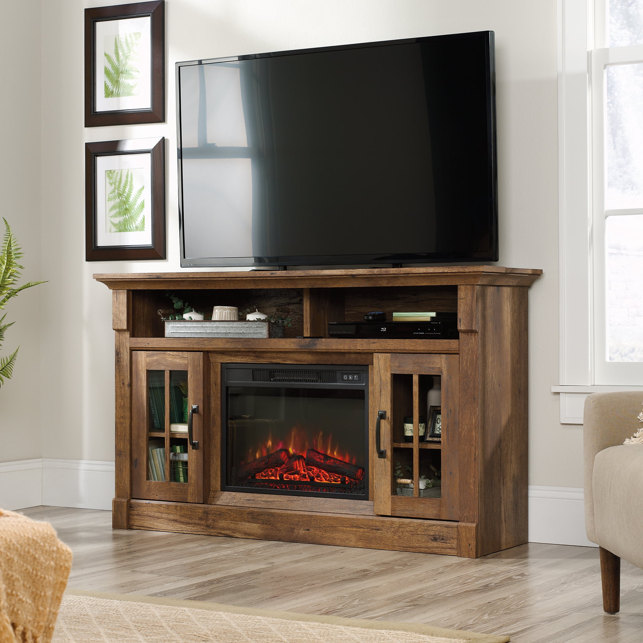 Vintage Oak Rustic Entertainment Center with Electric Fireplace