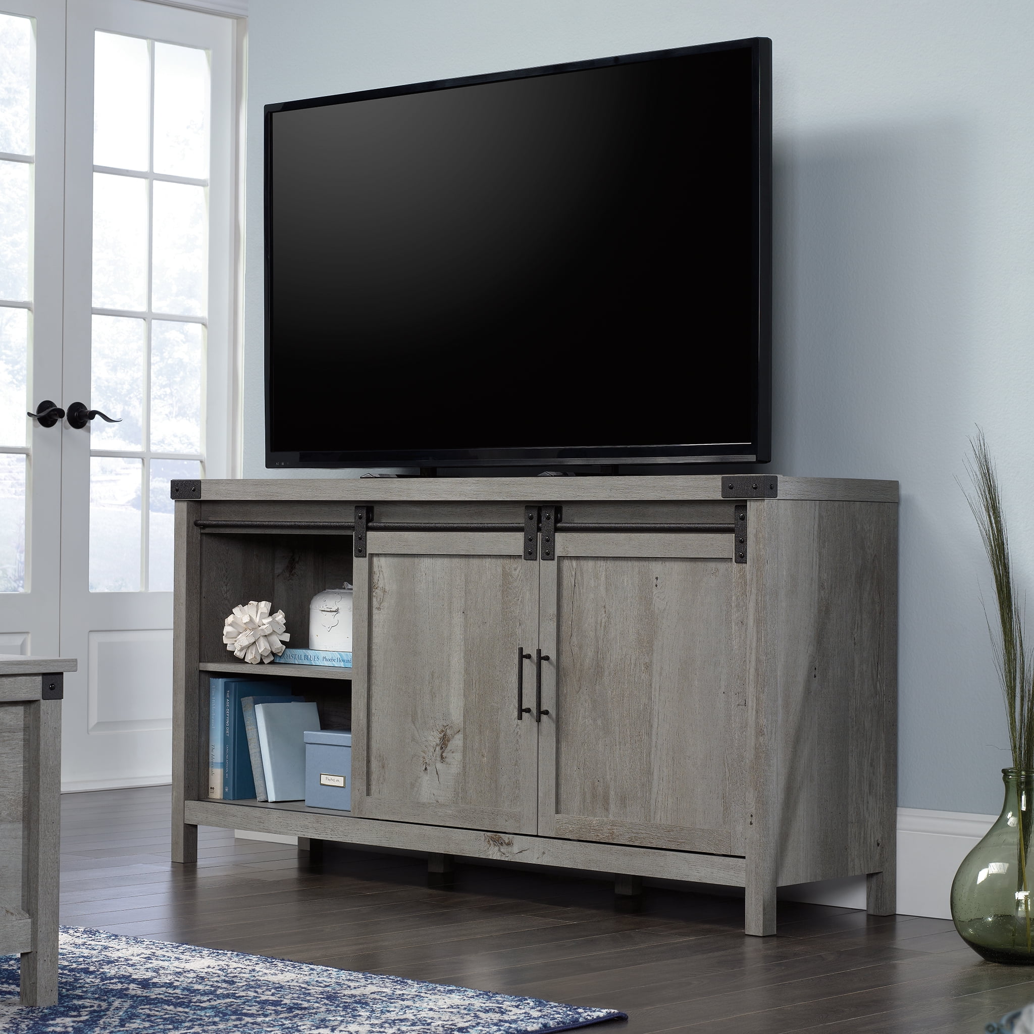 Sauder Saddler Way Sliding Doors TV Stand for TVs up to 65", Mystic Oak