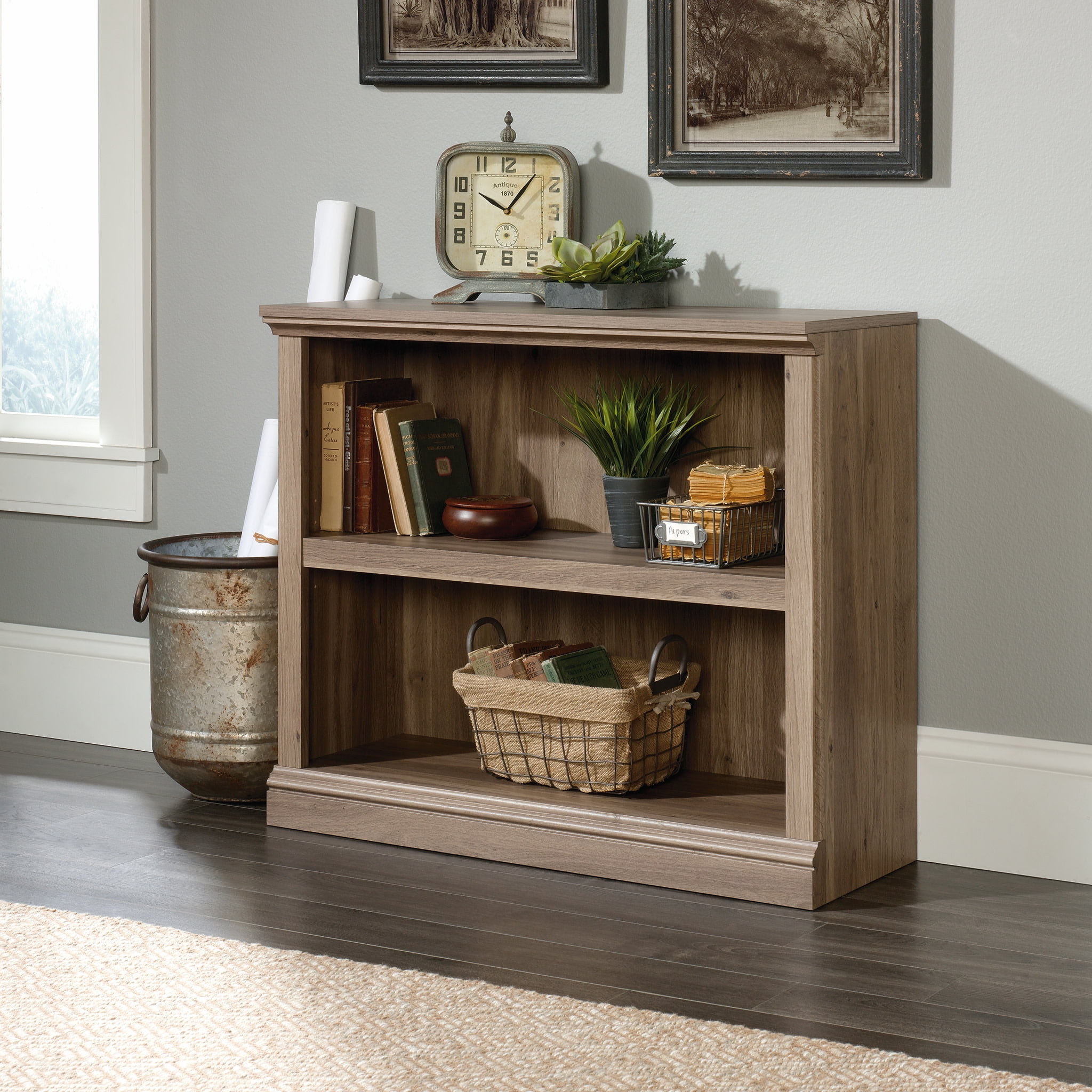 Adjustable Salt Oak 2-Shelf Bookcase with Slide-On Moldings
