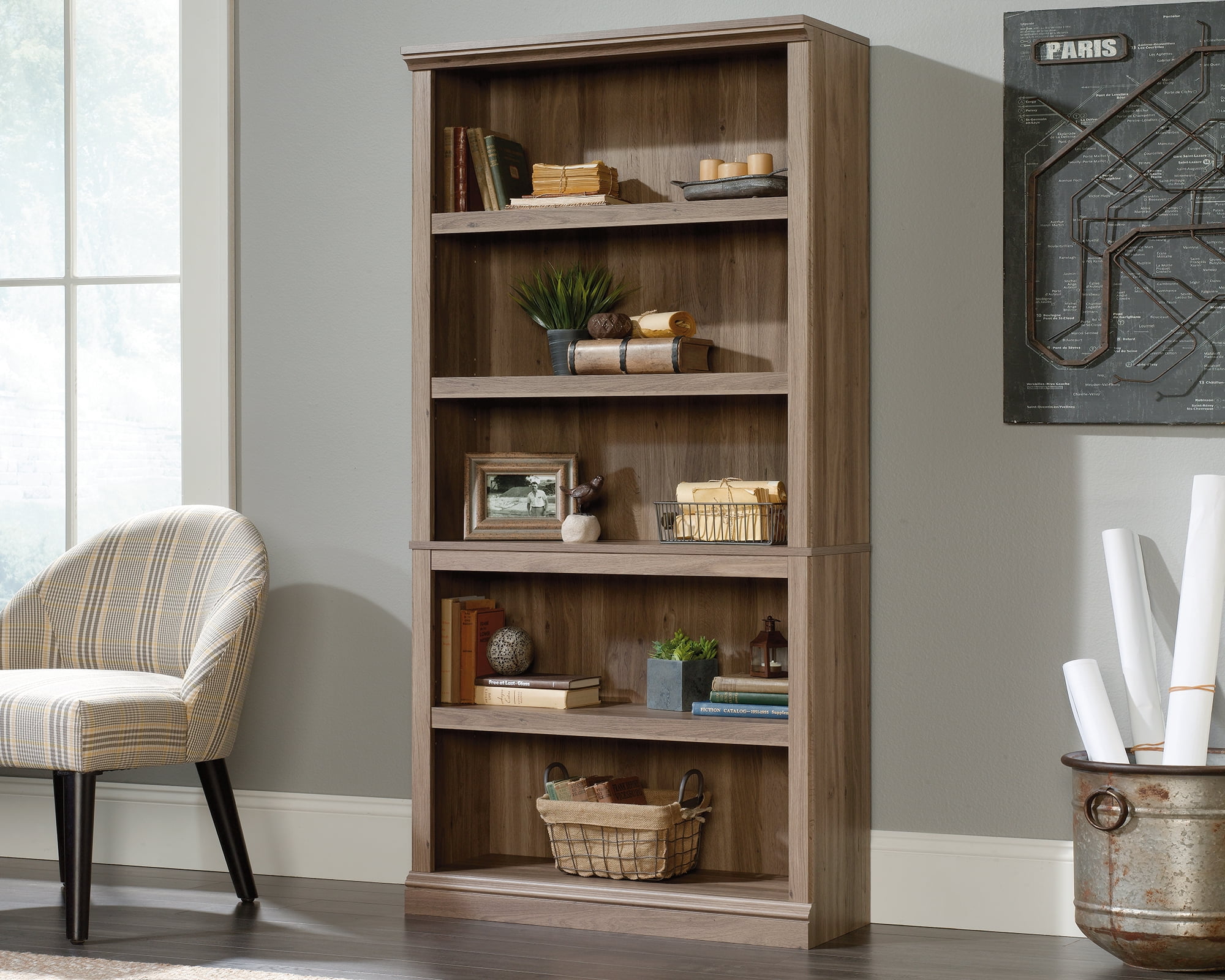 Adjustable Salt Oak 5-Shelf Bookcase
