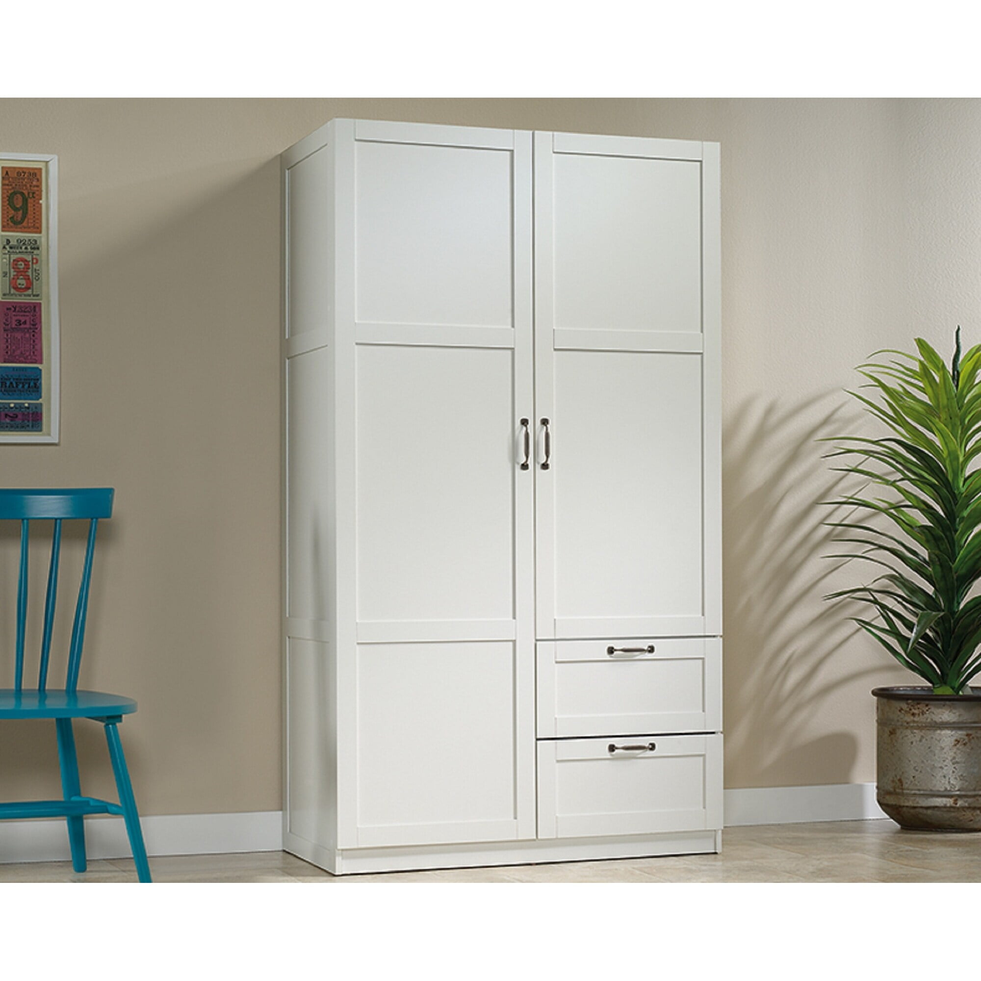 White Transitional Wardrobe Storage Cabinet with Drawers