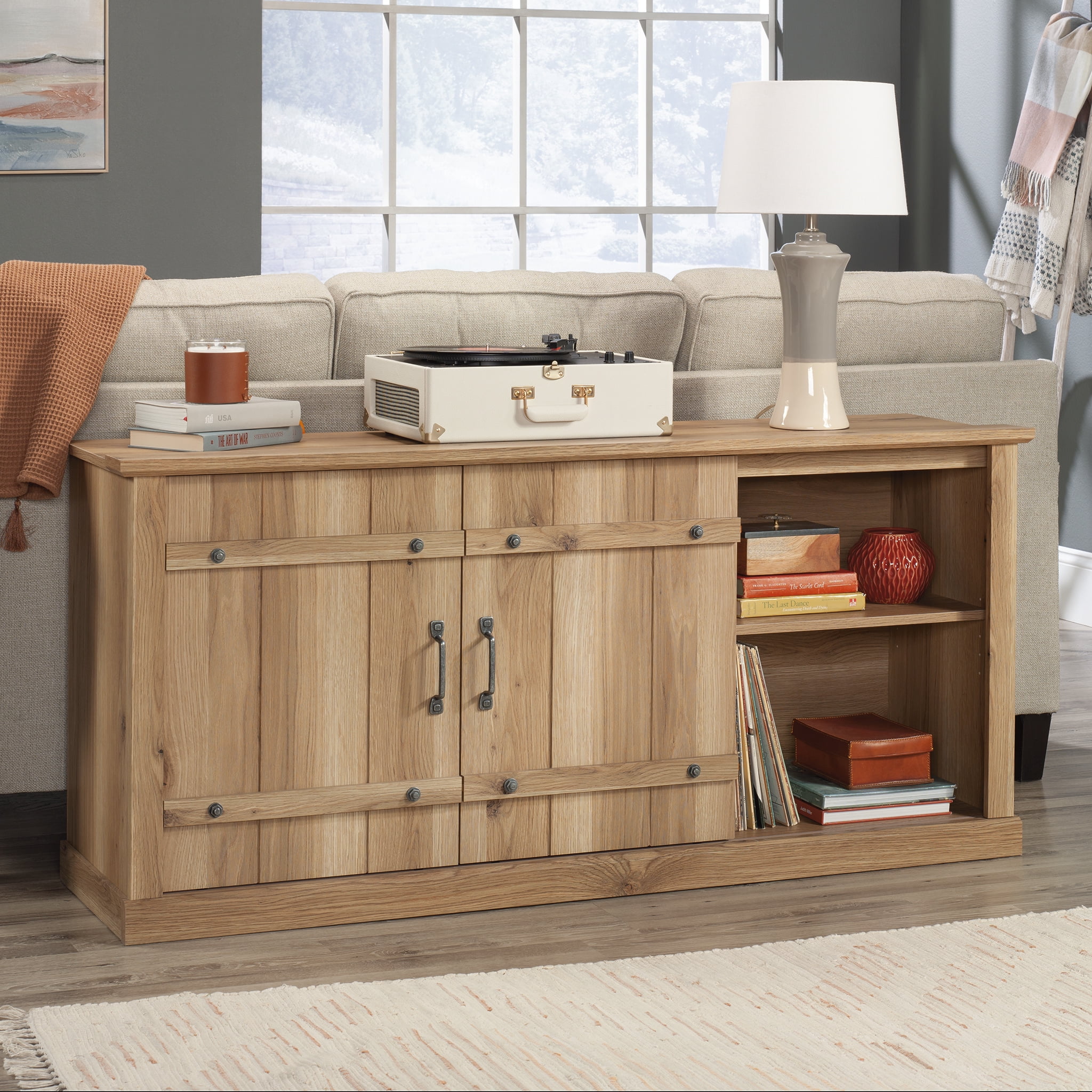 Timber Oak Farmhouse TV Stand with Sliding Barn Doors for 70" TVs