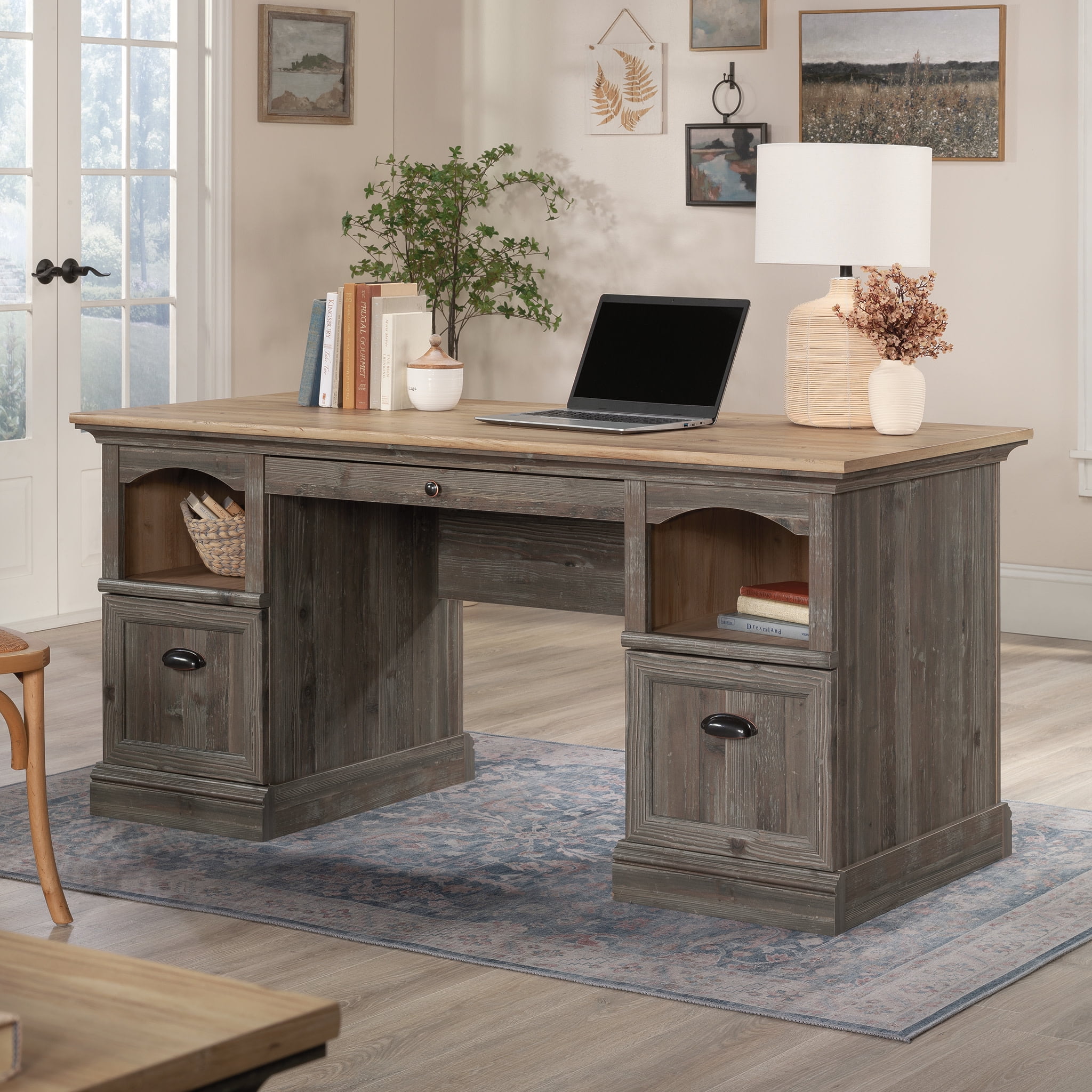 Pebble Pine Brown Executive Desk with Drawers and Filing Cabinet