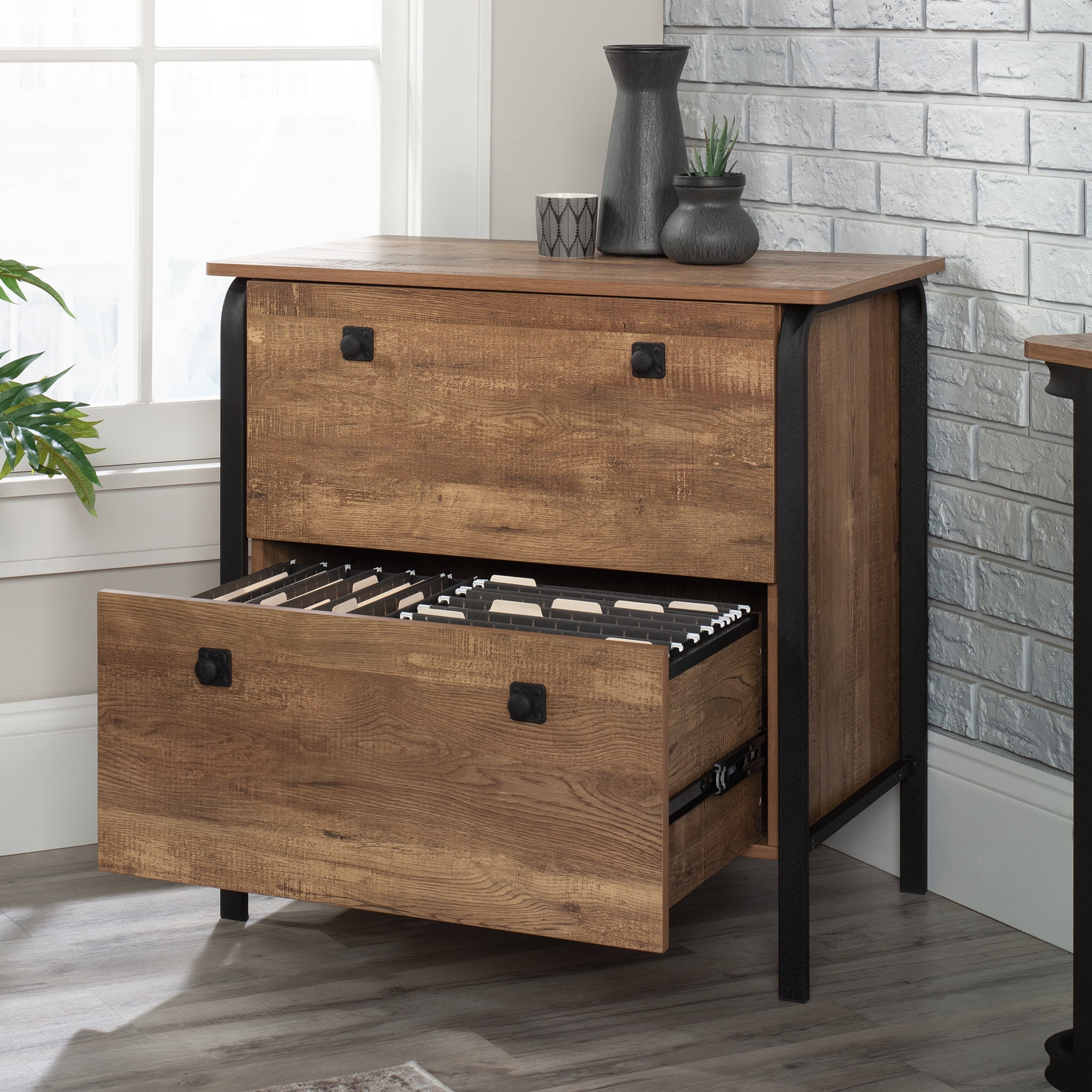 Etched Oak 2-Drawer Lateral File Cabinet with Metal Frame