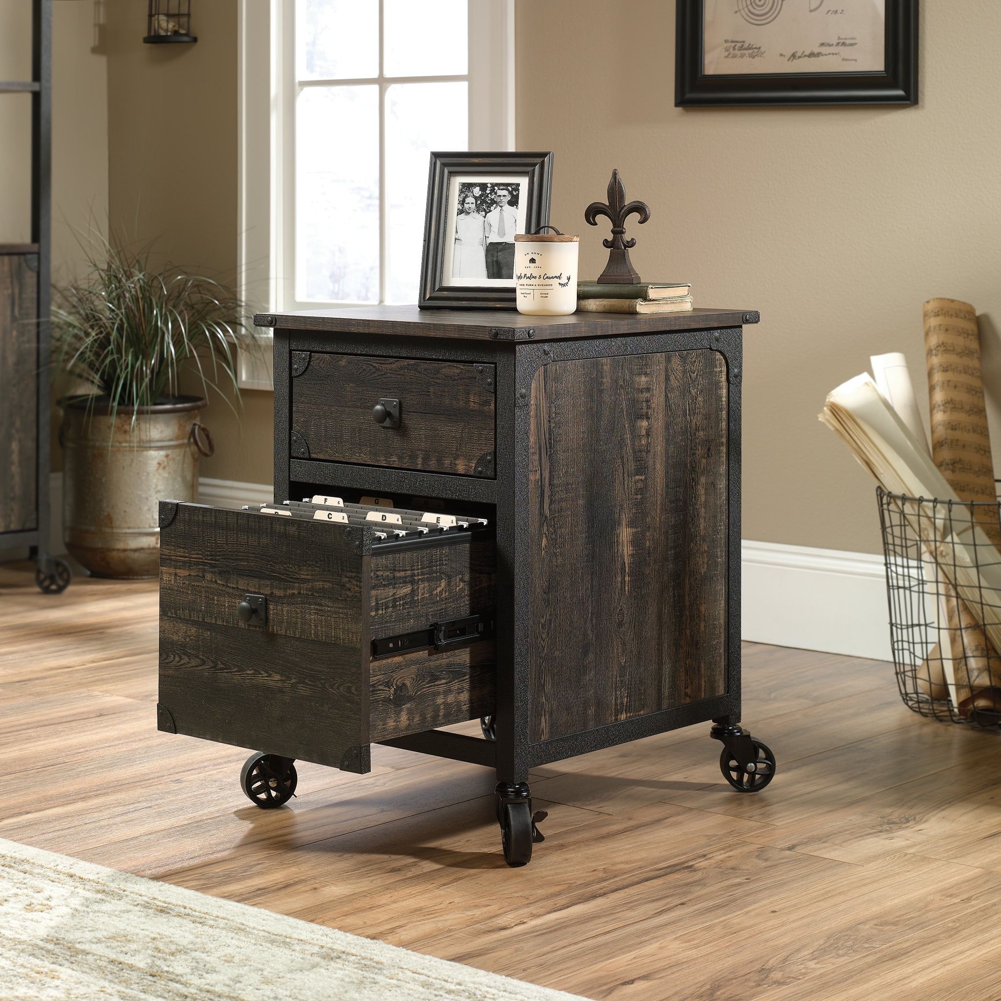 Sauder Steel River 2-Drawer Mobile File Cabinet, Carbon Oak Finish