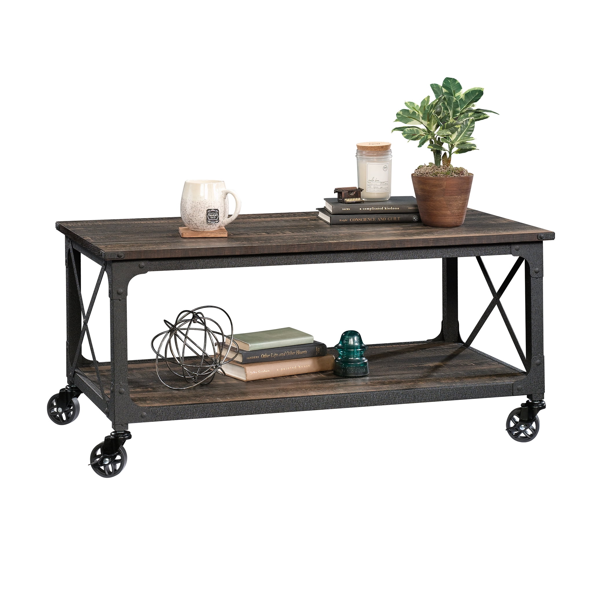 Carbon Oak Rectangular Mobile Coffee Table with Metal Frame