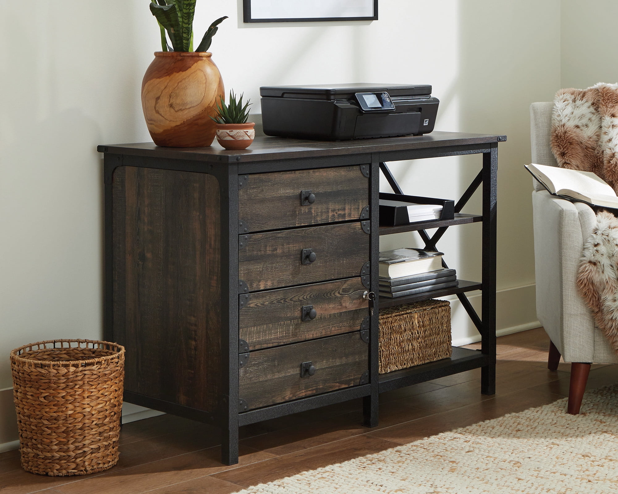 Carbon Oak Industrial 3-Drawer Lockable Filing Credenza