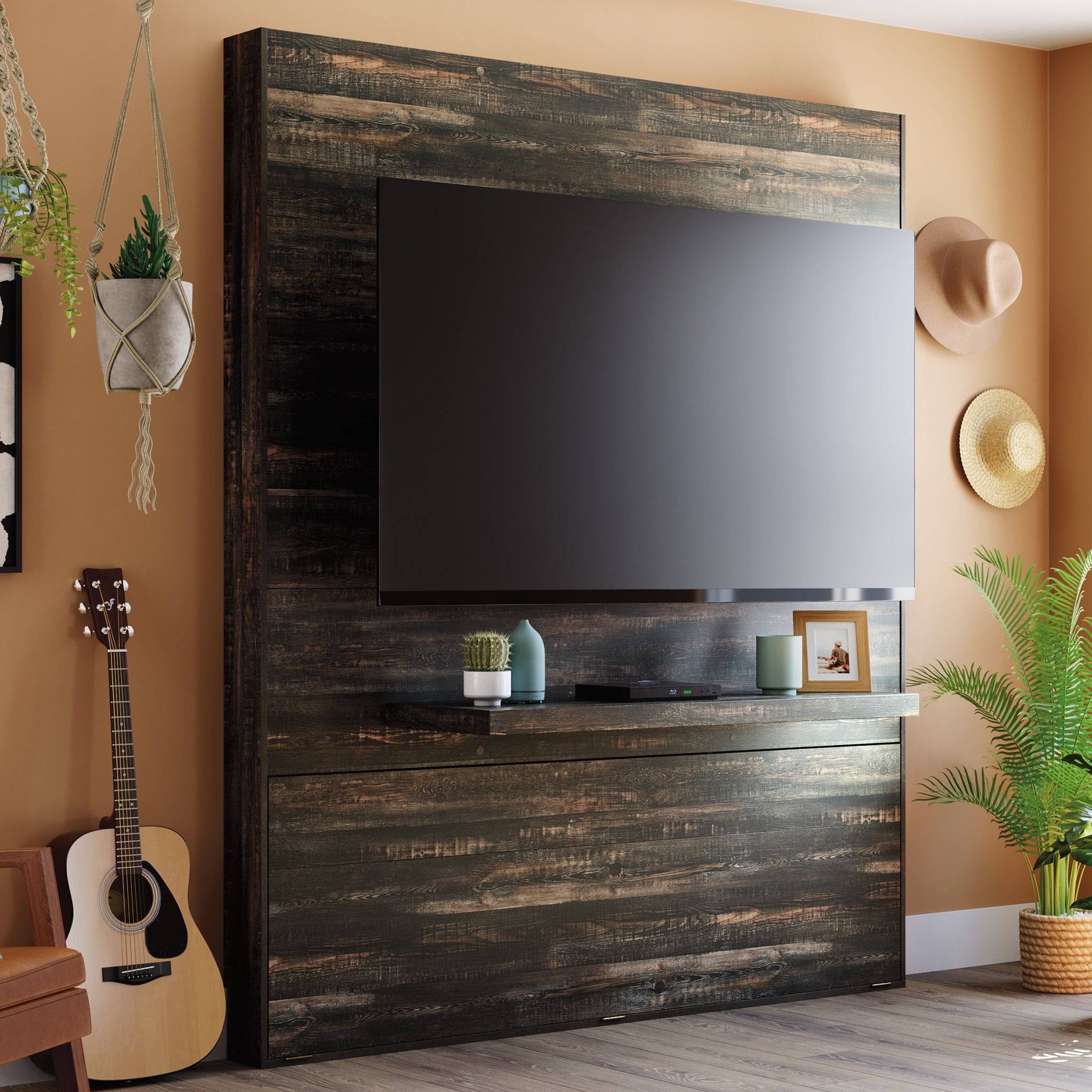 Carbon Oak 84" Entertainment Wall with Cabinet and Mount