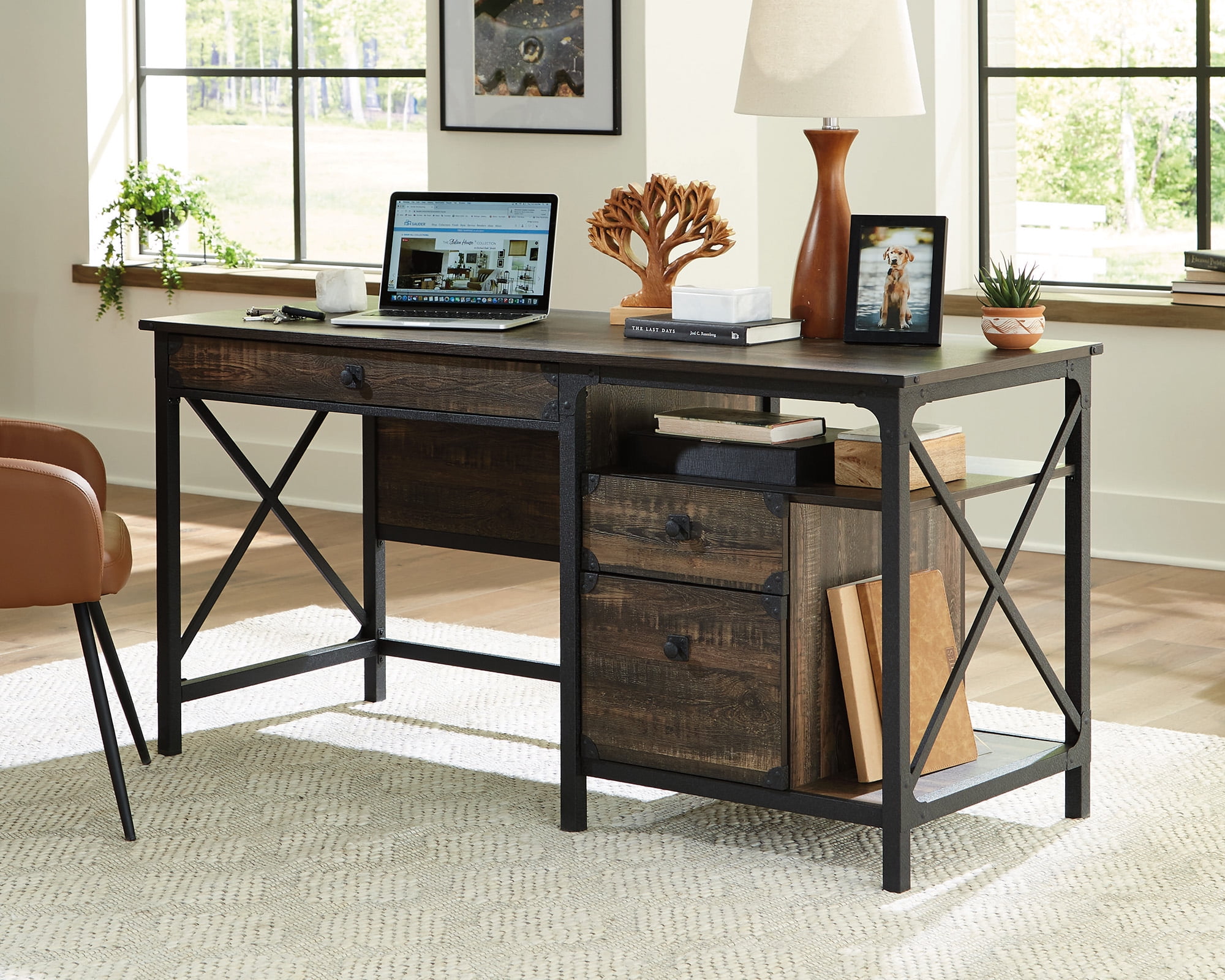 Brown Wood Computer Desk with Drawer and Filing Cabinet