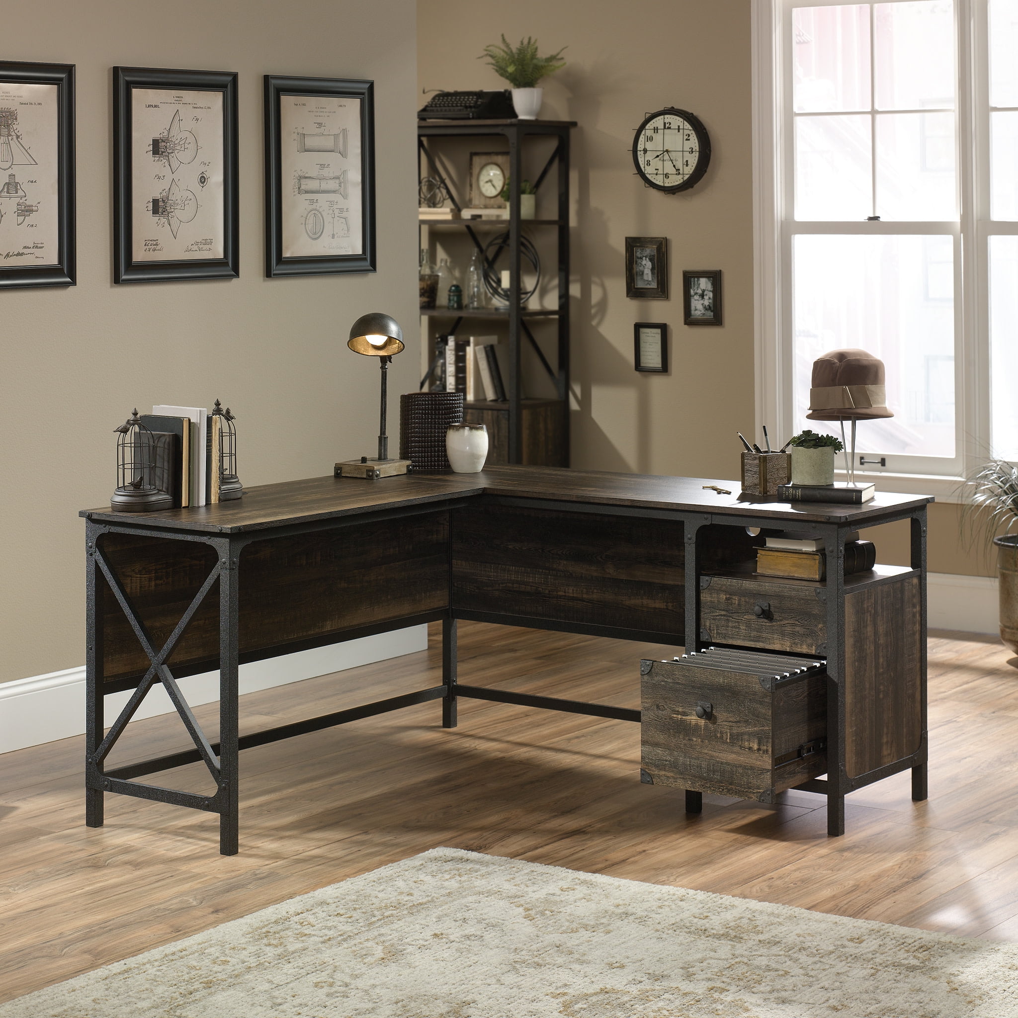Carbon Oak and Black Industrial L-Shaped Desk with File Storage