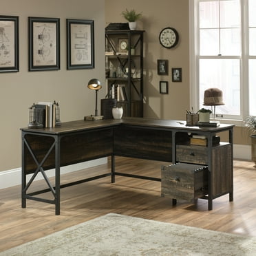 Sauder Steel River L-Shaped Desk, Carbon Oak Finish