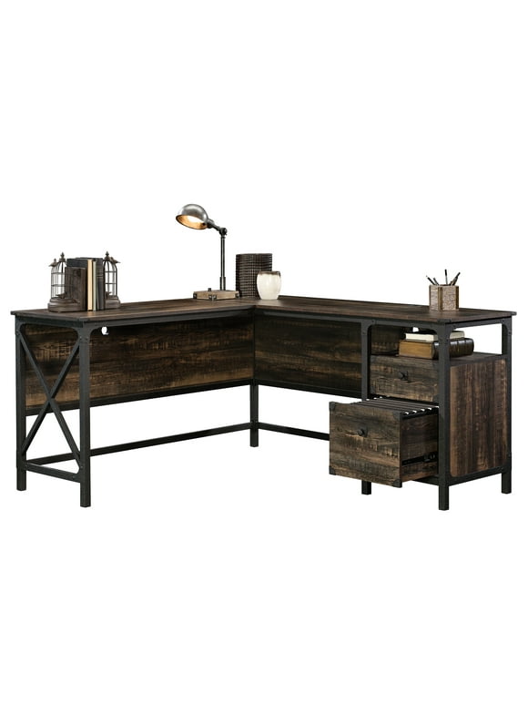 Sauder Steel River L-Shaped Desk, Carbon Oak Finish