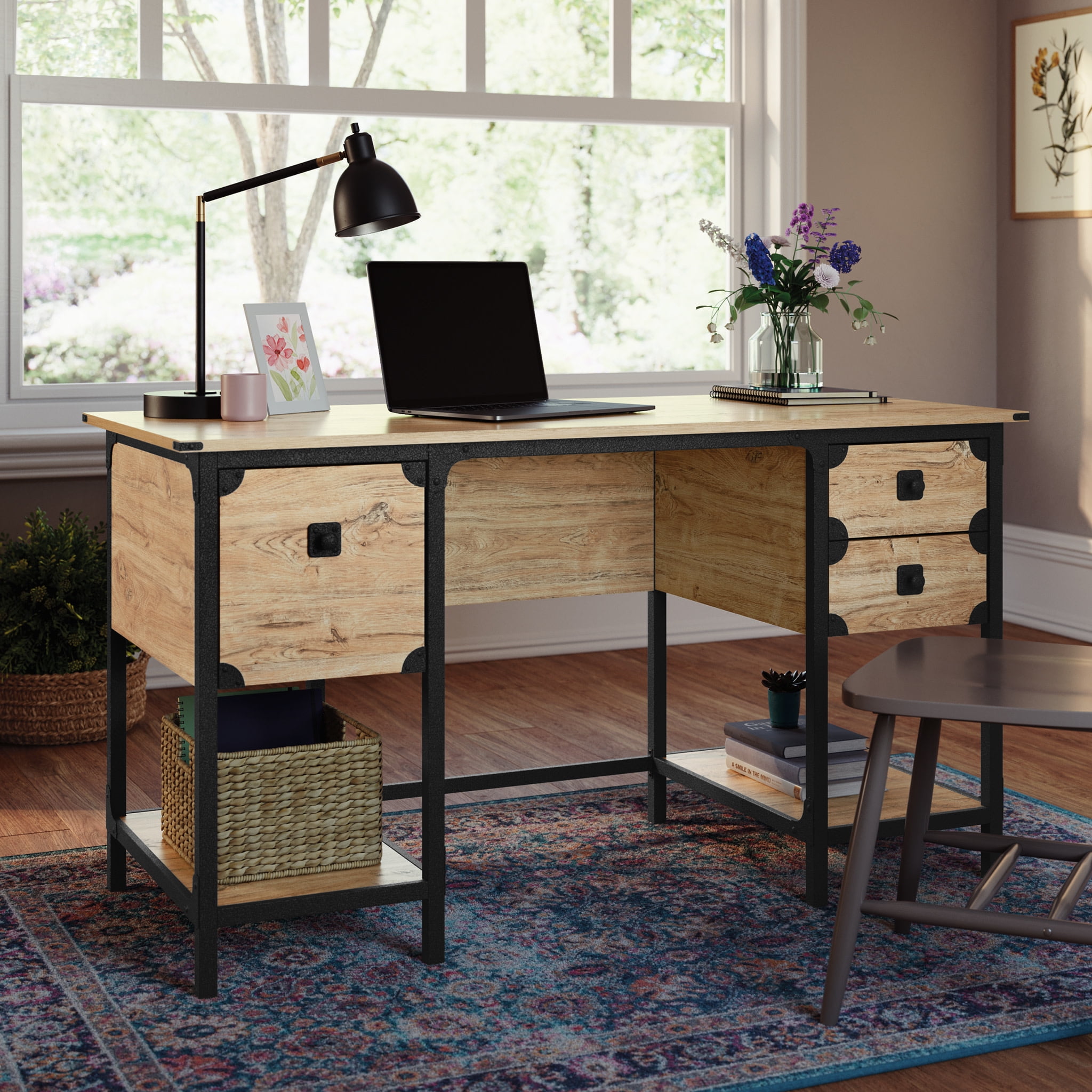 Milled Mesquite Brown Wood Executive Computer Desk with Drawer and Filing Cabinet