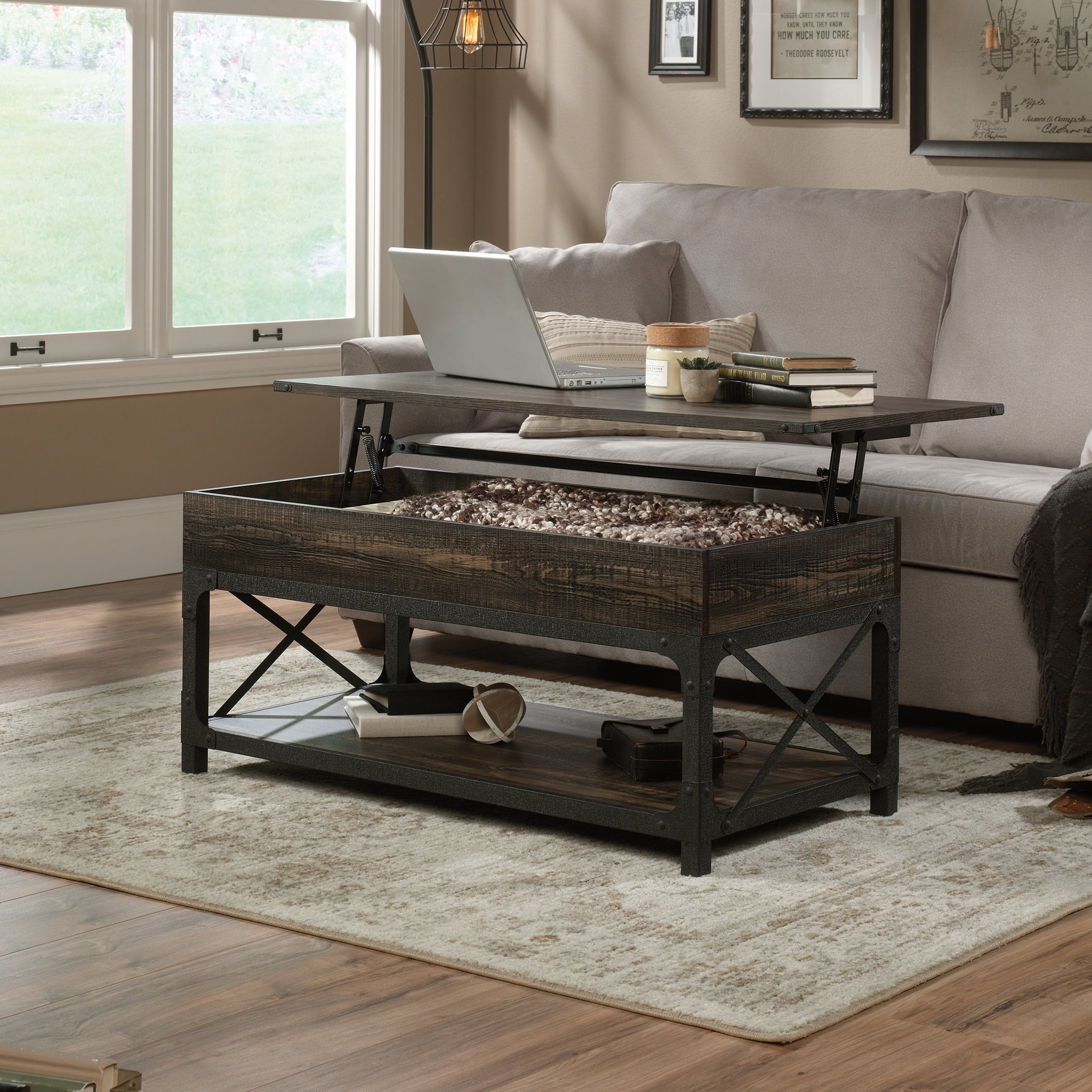 Carbon Oak and Metal Lift-Top Coffee Table with Storage
