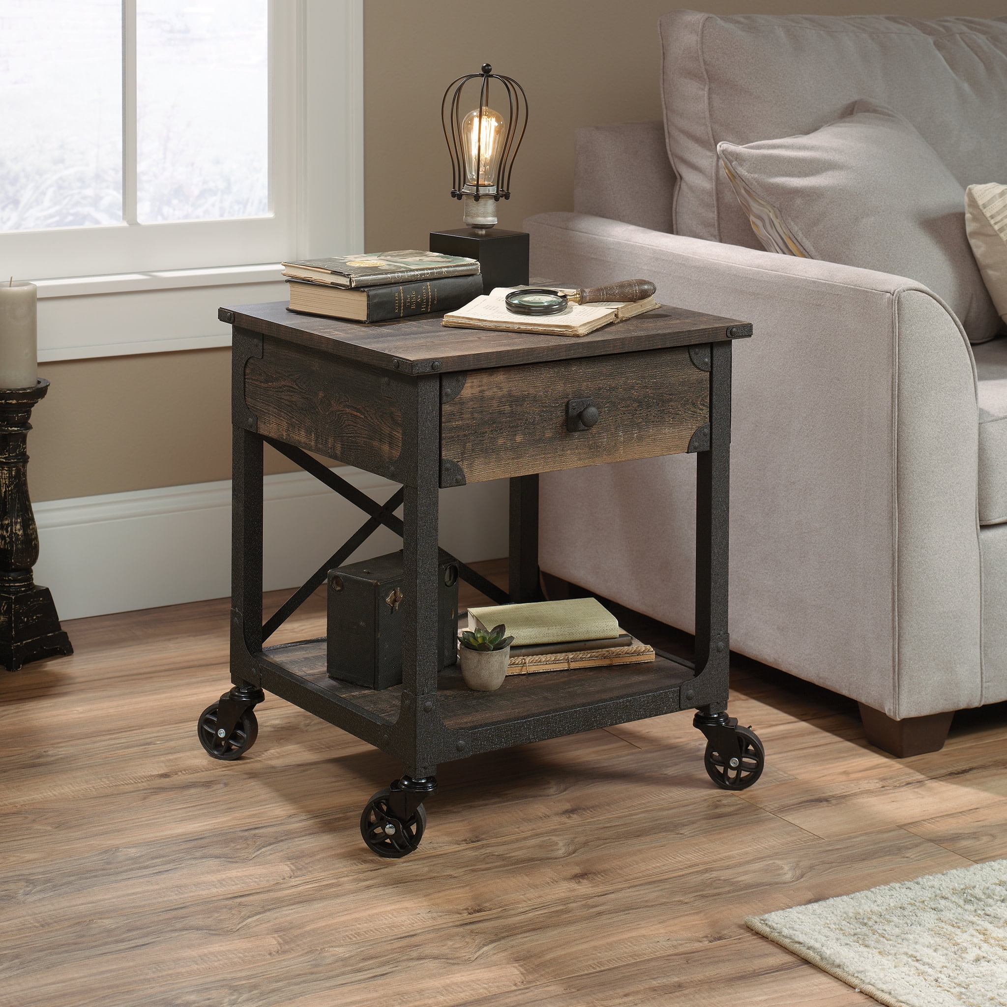 Sauder Steel River Engineered Wood and Metal End Table in Carbon Oak Black