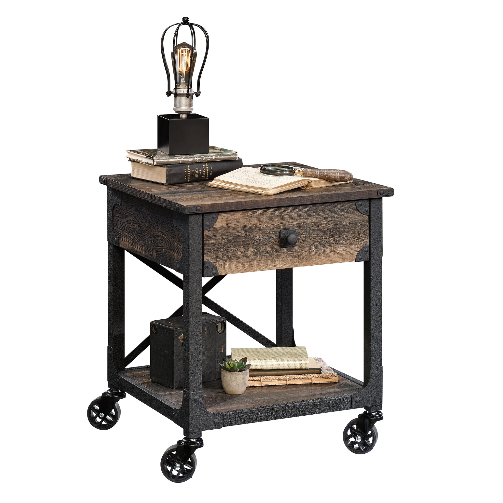 Rustic Carbon Oak Mobile Side Table with Storage Drawer