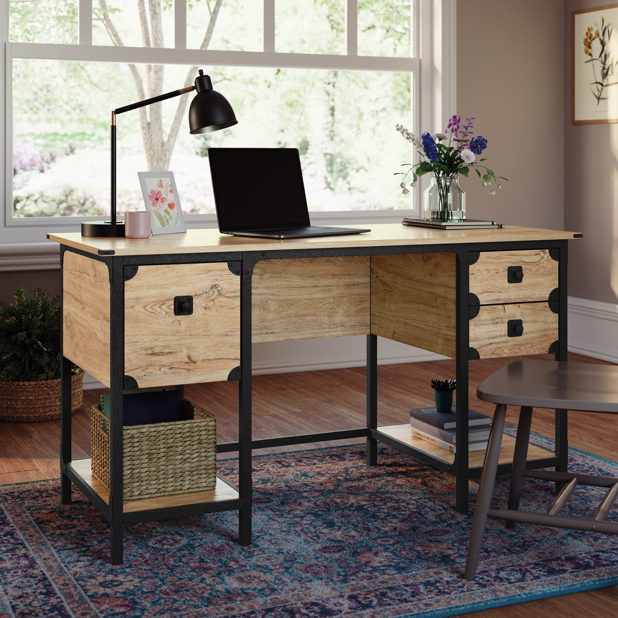 Catrimown Computer Desk with 4 Storage Drawers and Shelves, White Farmhouse  Office Desk for Bedroom Teens Writing Desk, Executive Desks for Home