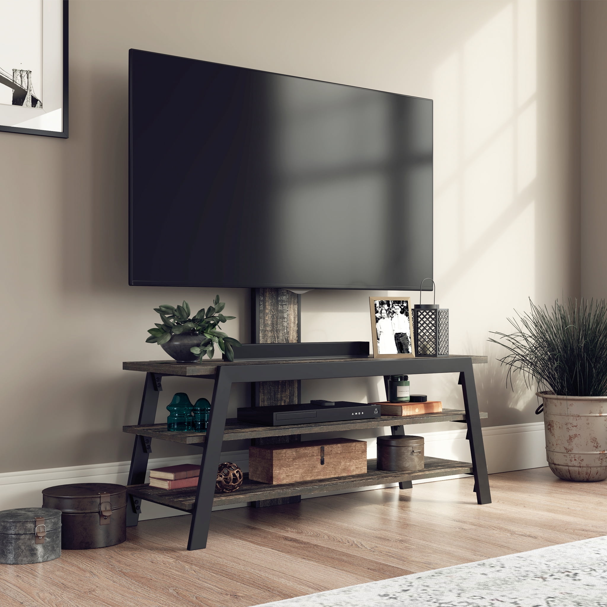 Sauder Steel River TV Stand with Mount for TVs up to 50", Carbon Oak