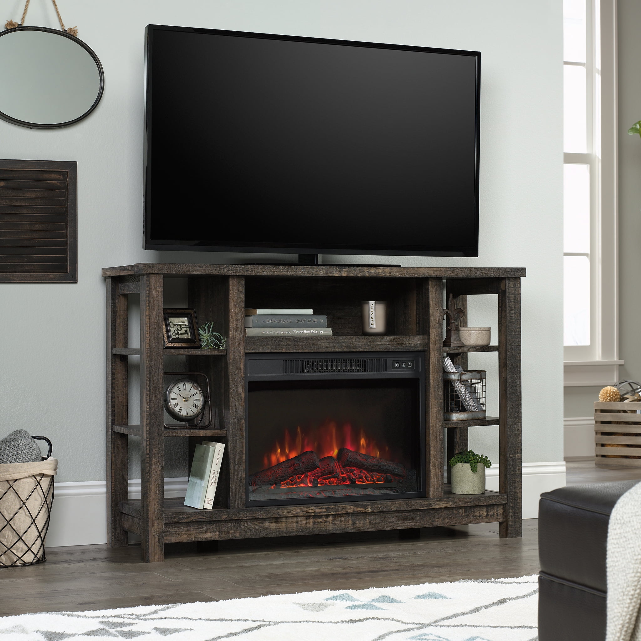 Sauder TV Console with Storage & Electric Fireplace, for TVs up to 50", Carbon Oak Finish