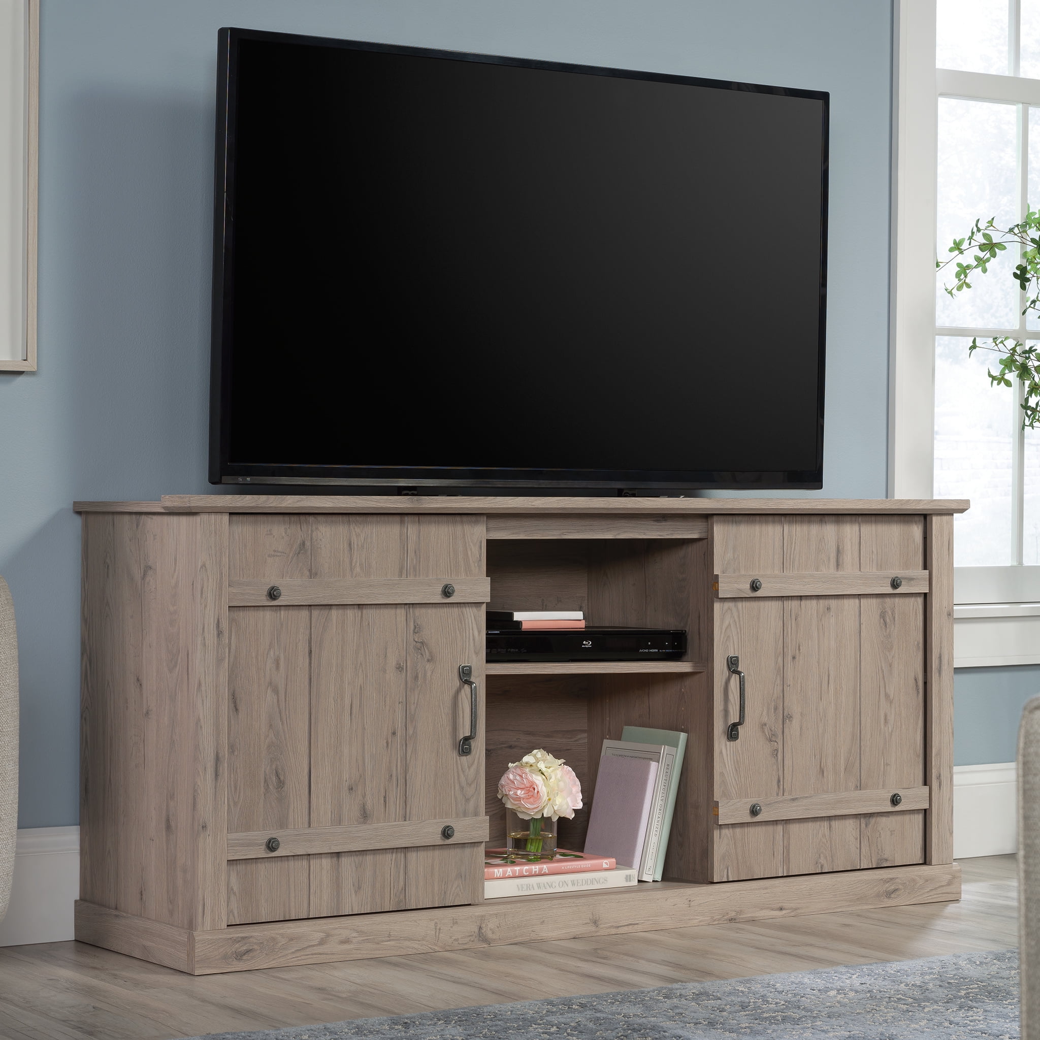 Sauder TV Stand with Sliding Doors, for TVs up to 70", Laurel Oak