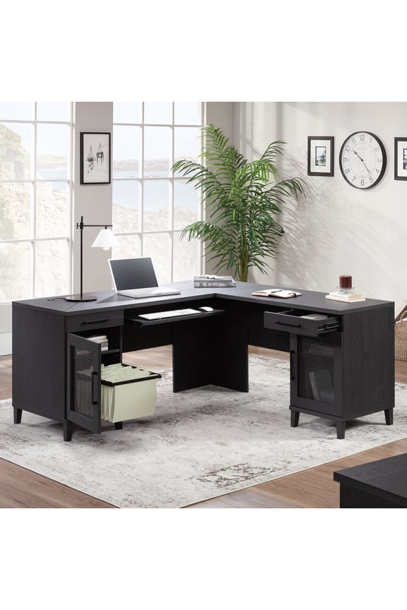 Tiffin Line Coastal Engineered Wood L-Desk in Raven Oak