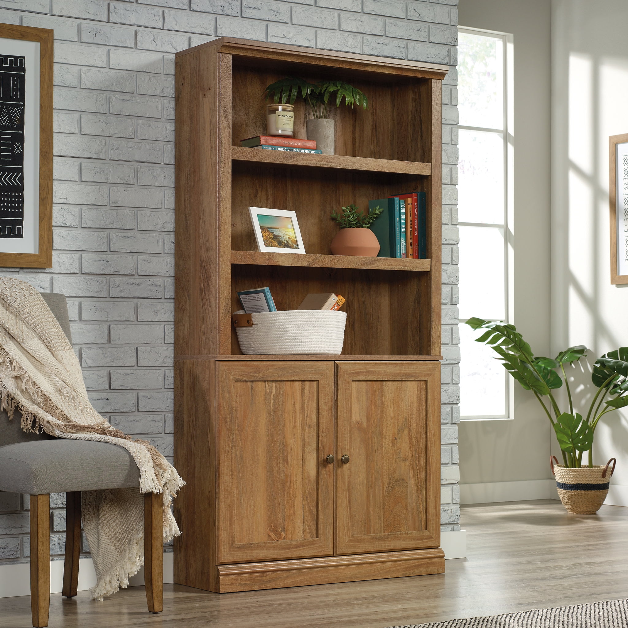Sauder Select 3-Shelf Bookshelf Furniture with 2 Doors, Sindoori