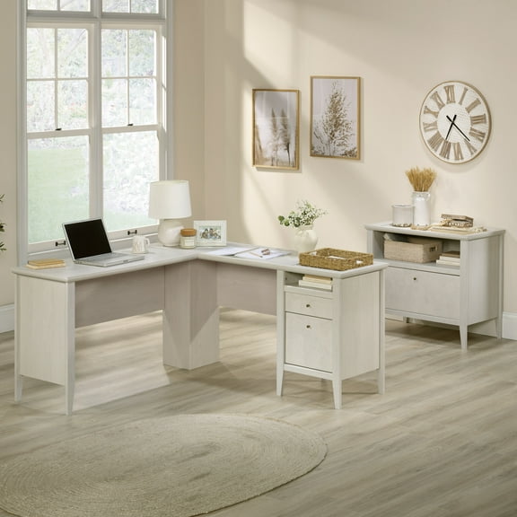 Sauder Larkin Ledge L-Shaped Desk & Lateral File Cabinet, Glacier Oak Finish