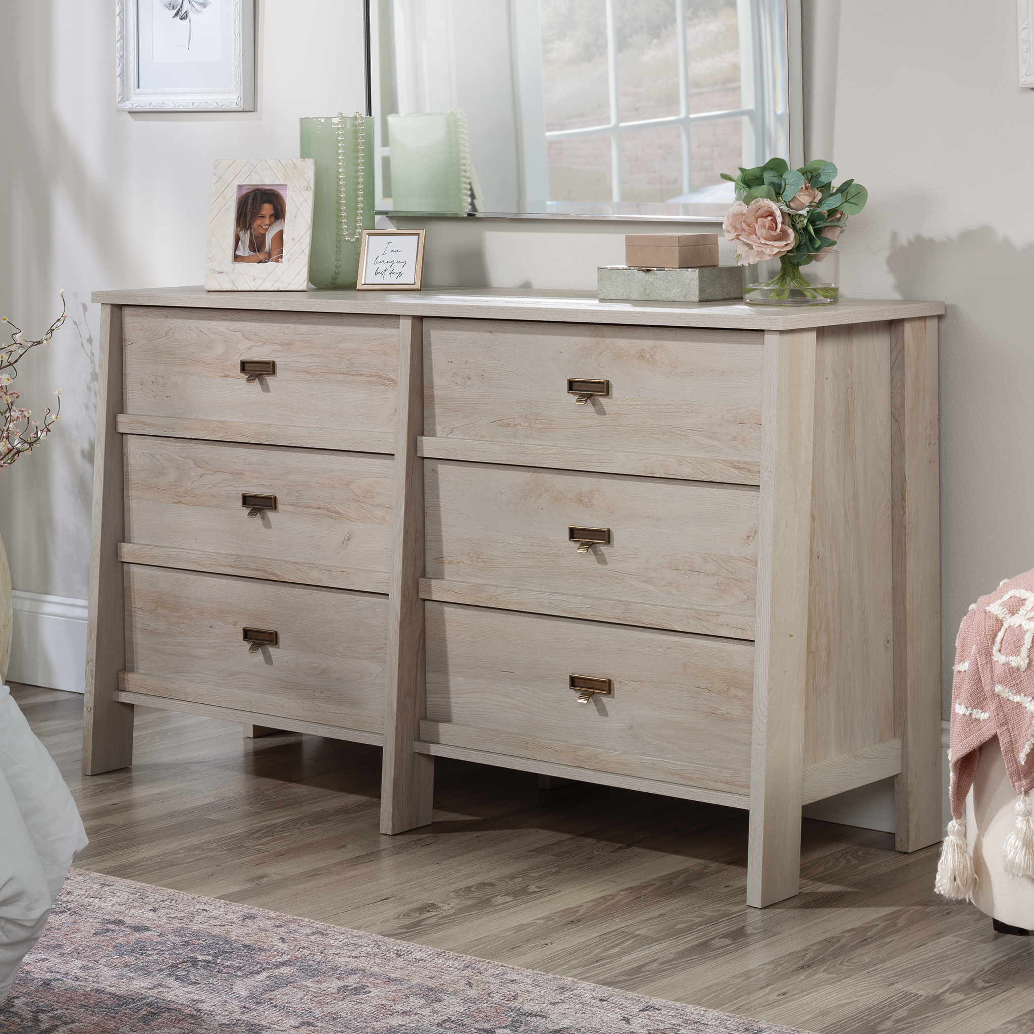 Sauder Trestle 6Drawer Dresser in Chalked Dressernut, Chalked Chestnut