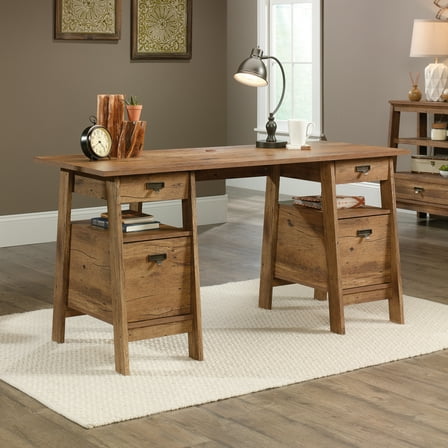 Sauder Trestle Executive Desk, Vintage Oak Finish
