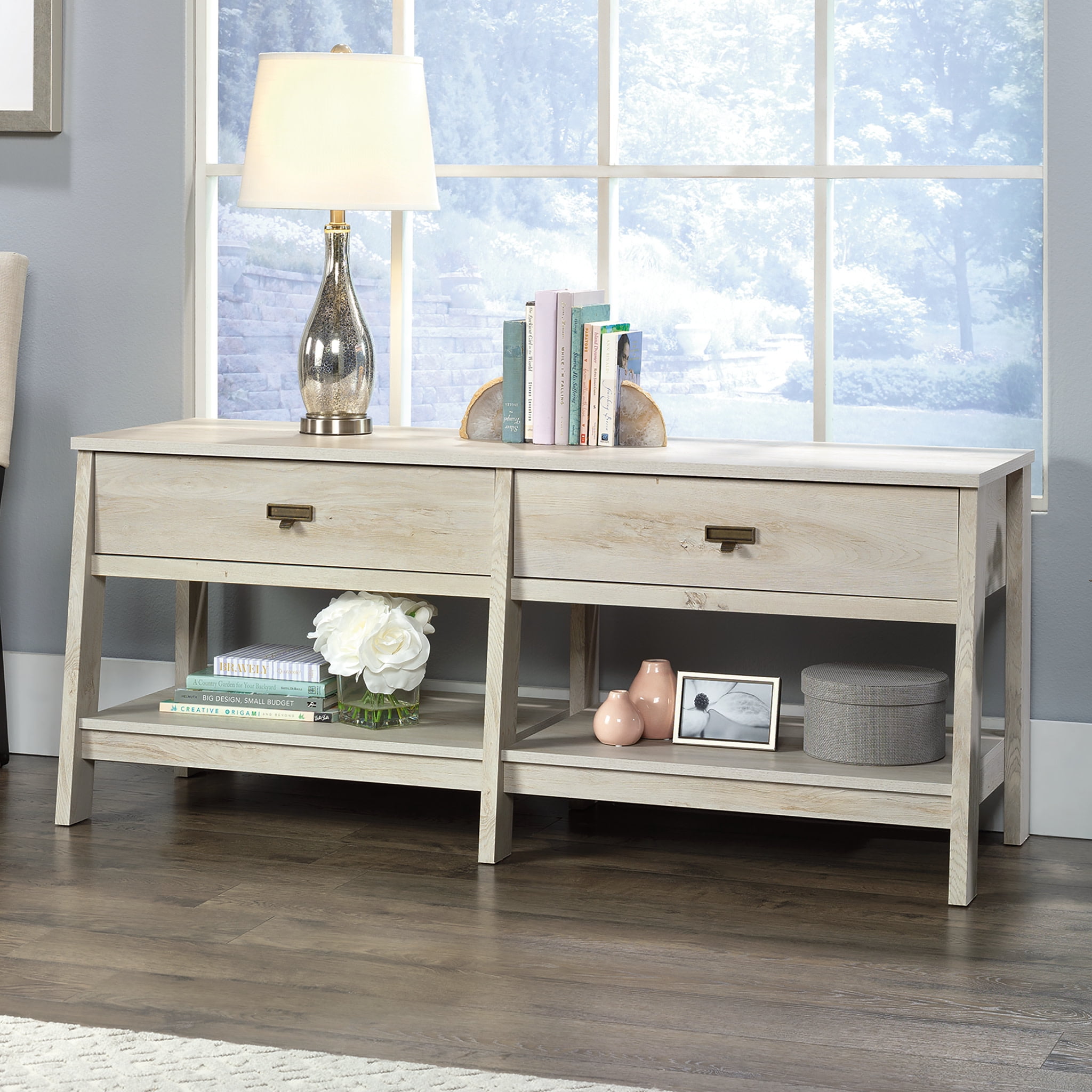 Sauder Trestle TV Stand with Drawers and Shelves for TVs up to 60