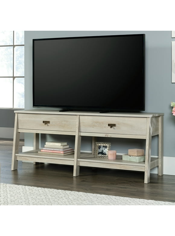 Sauder Trestle TV Stand with Drawers and Shelves, for TVs up to 60", Chalked Chestnut Finish