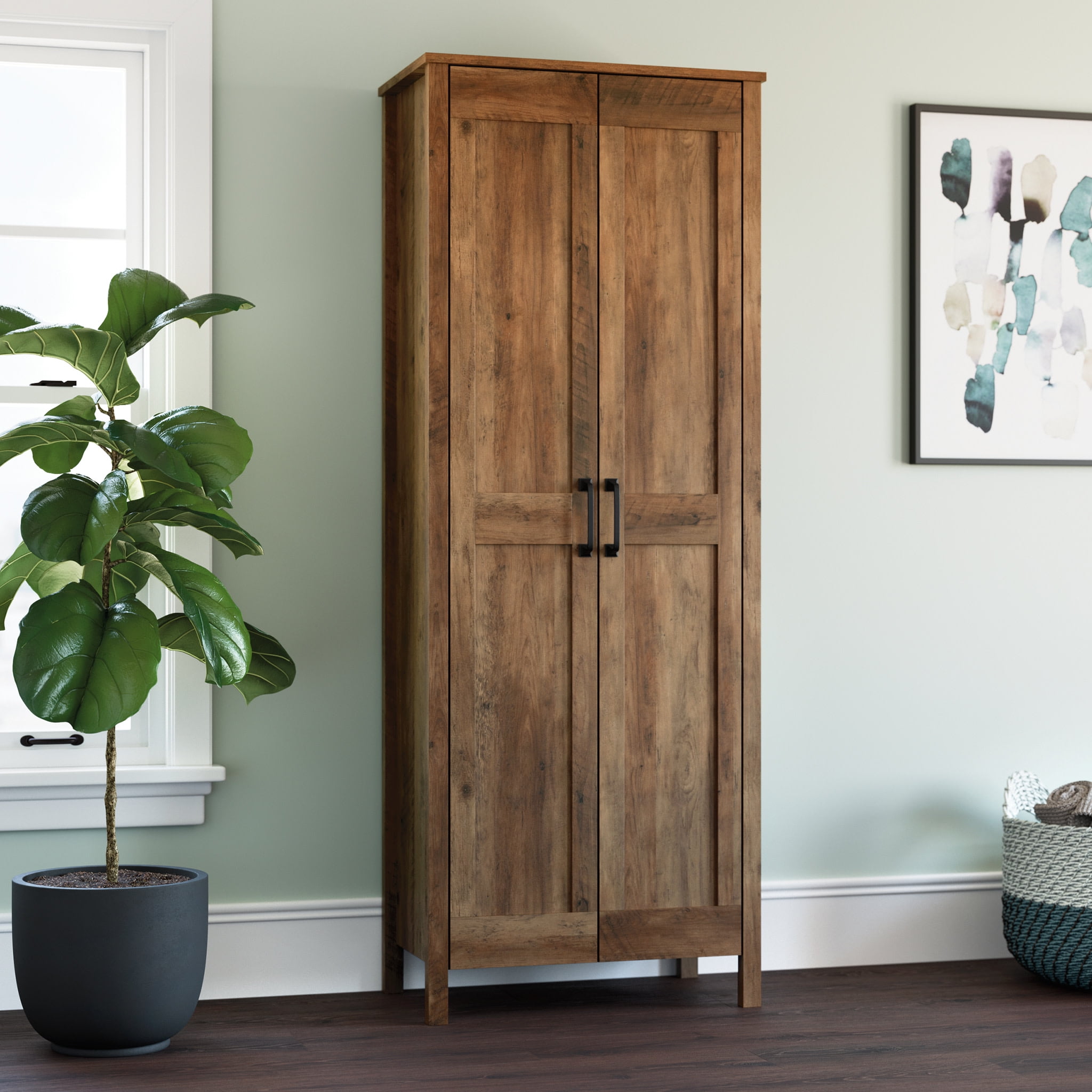 Tall Rustic Pine 2-Door Storage Cabinet with Adjustable Shelves