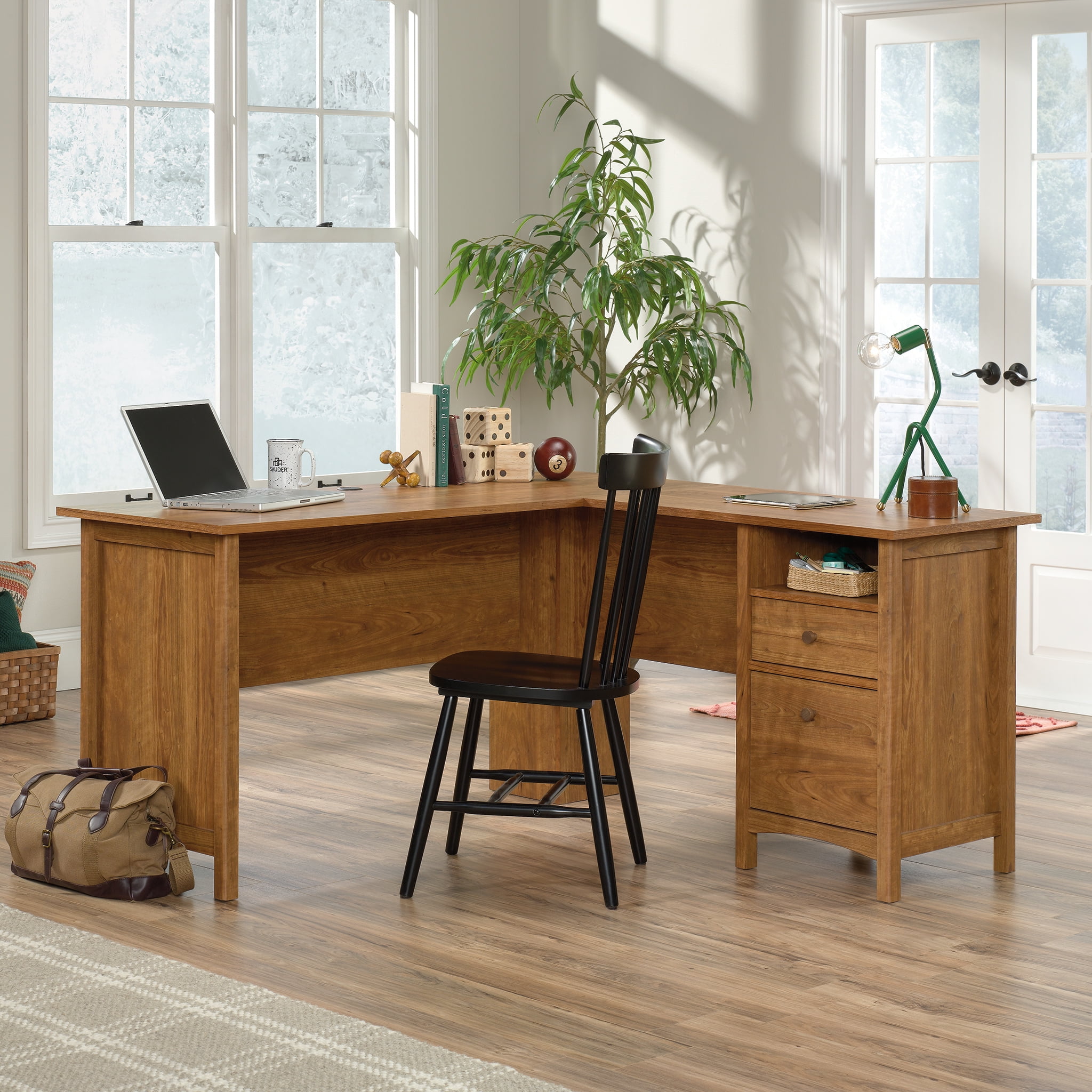 Union & Scale Essentials Single-Pedestal L-Shaped Desk with Integrated Power Management, 59.8 x 59.8 x 29.7, Natural Wood/Black