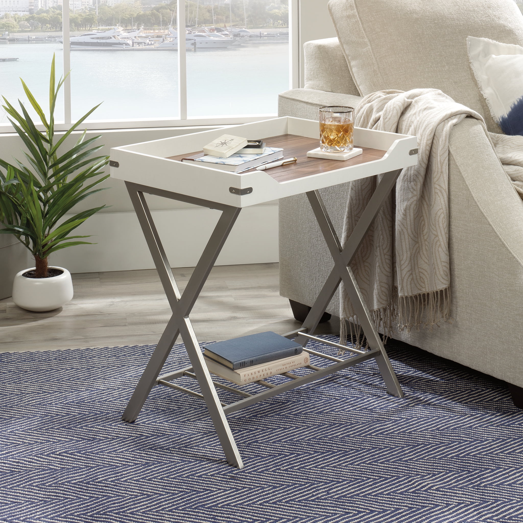 Pearl Oak and Blaze Acacia Tray Top Side Table with Metal Accents