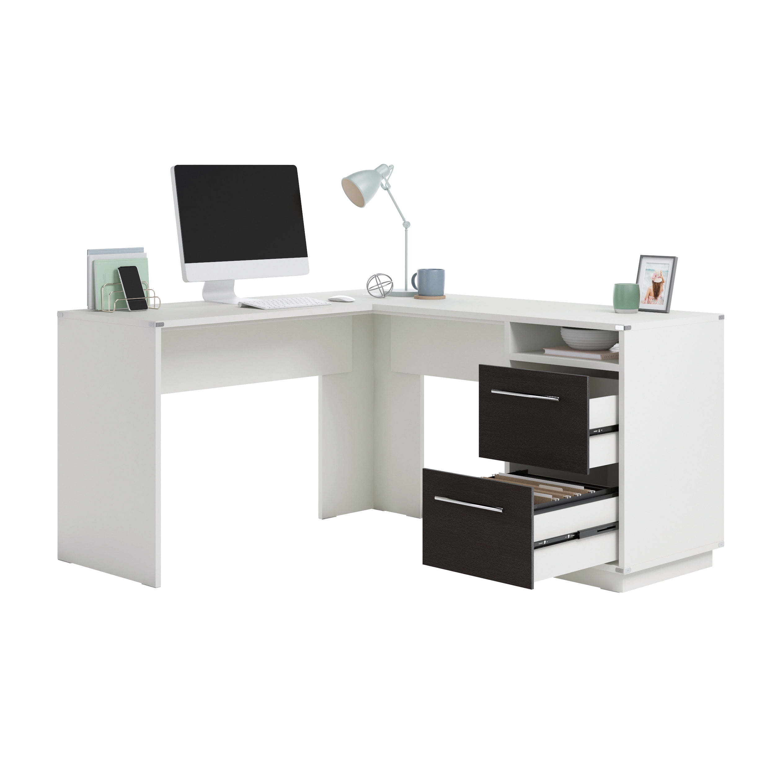 Sauder Vista Key L-Shaped Home Office Desk with File Drawer, Mystic Oak ...