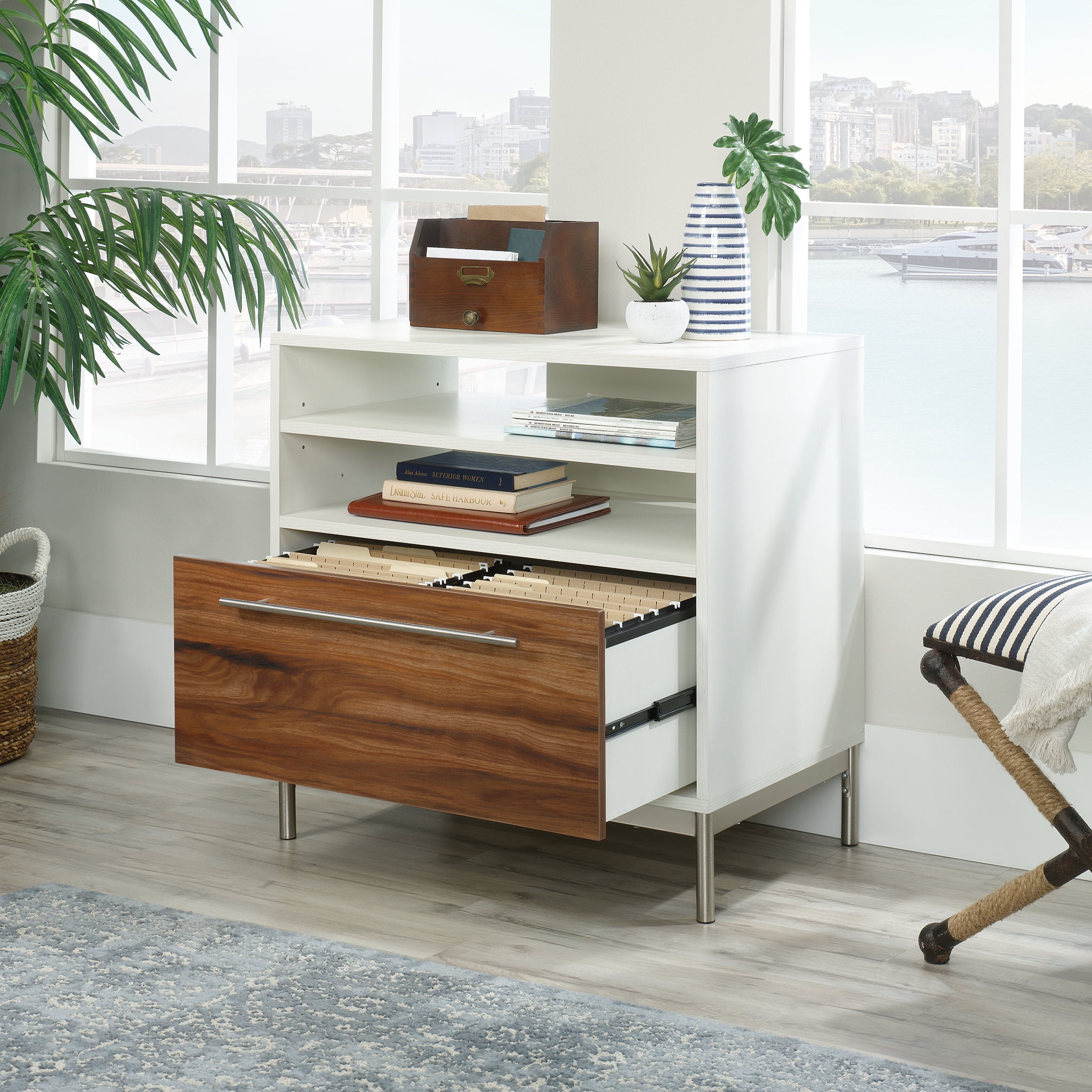 Pearl Oak Mobile Lockable Lateral File Cabinet with Metal Details