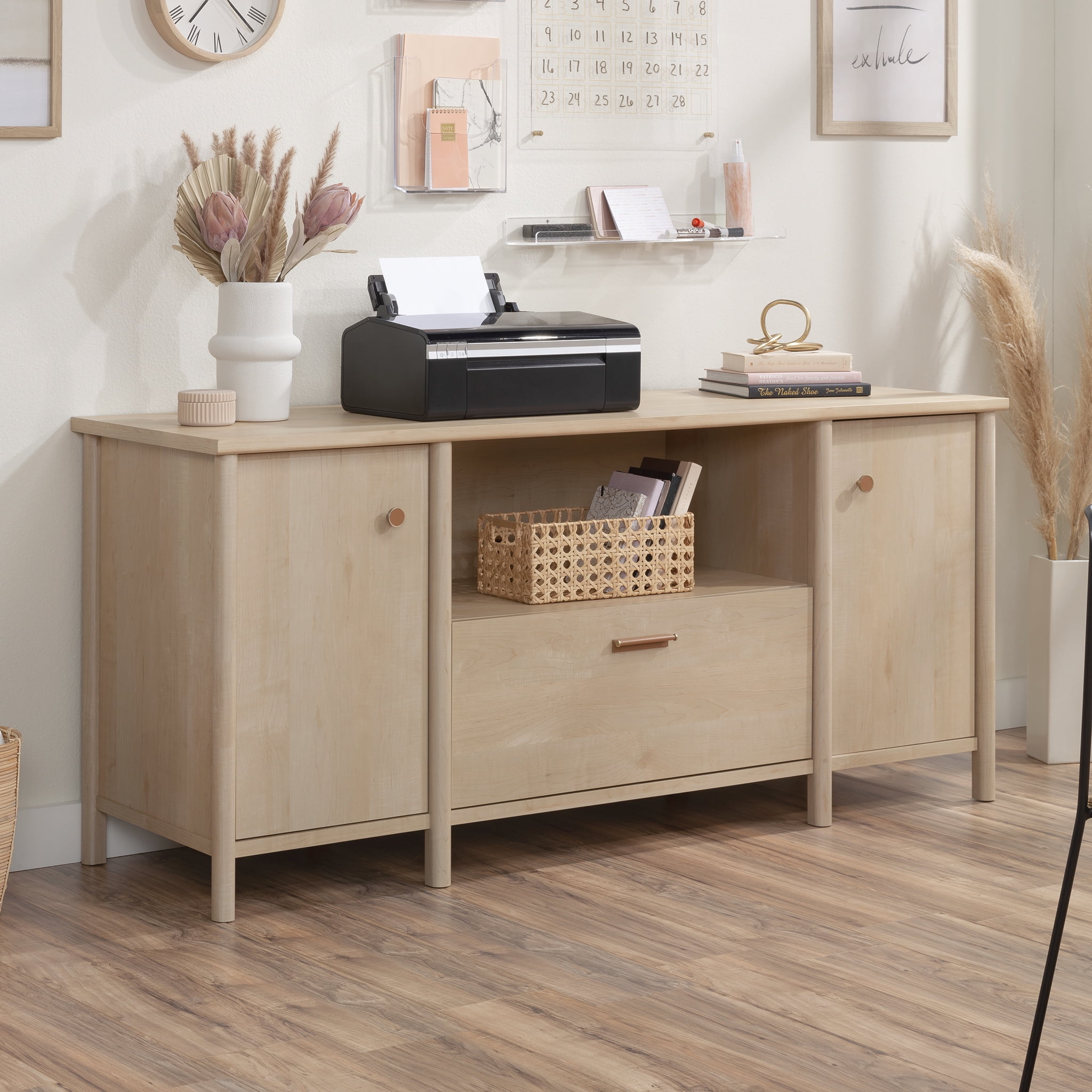 Natural Maple Wood Office Credenza with Drawer and Filing Cabinet