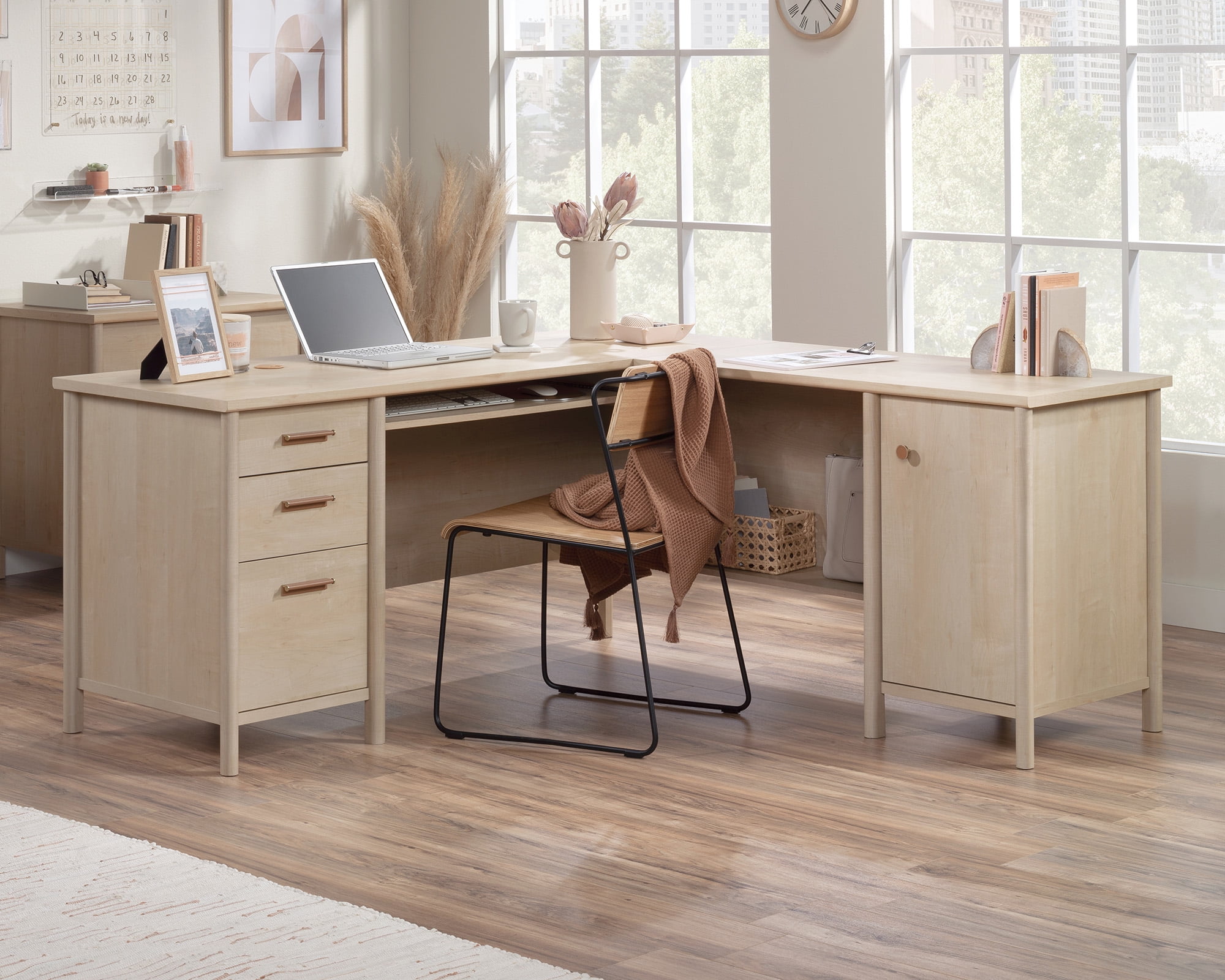 Natural Maple L-Shaped Computer Desk with Drawers and Keyboard Tray