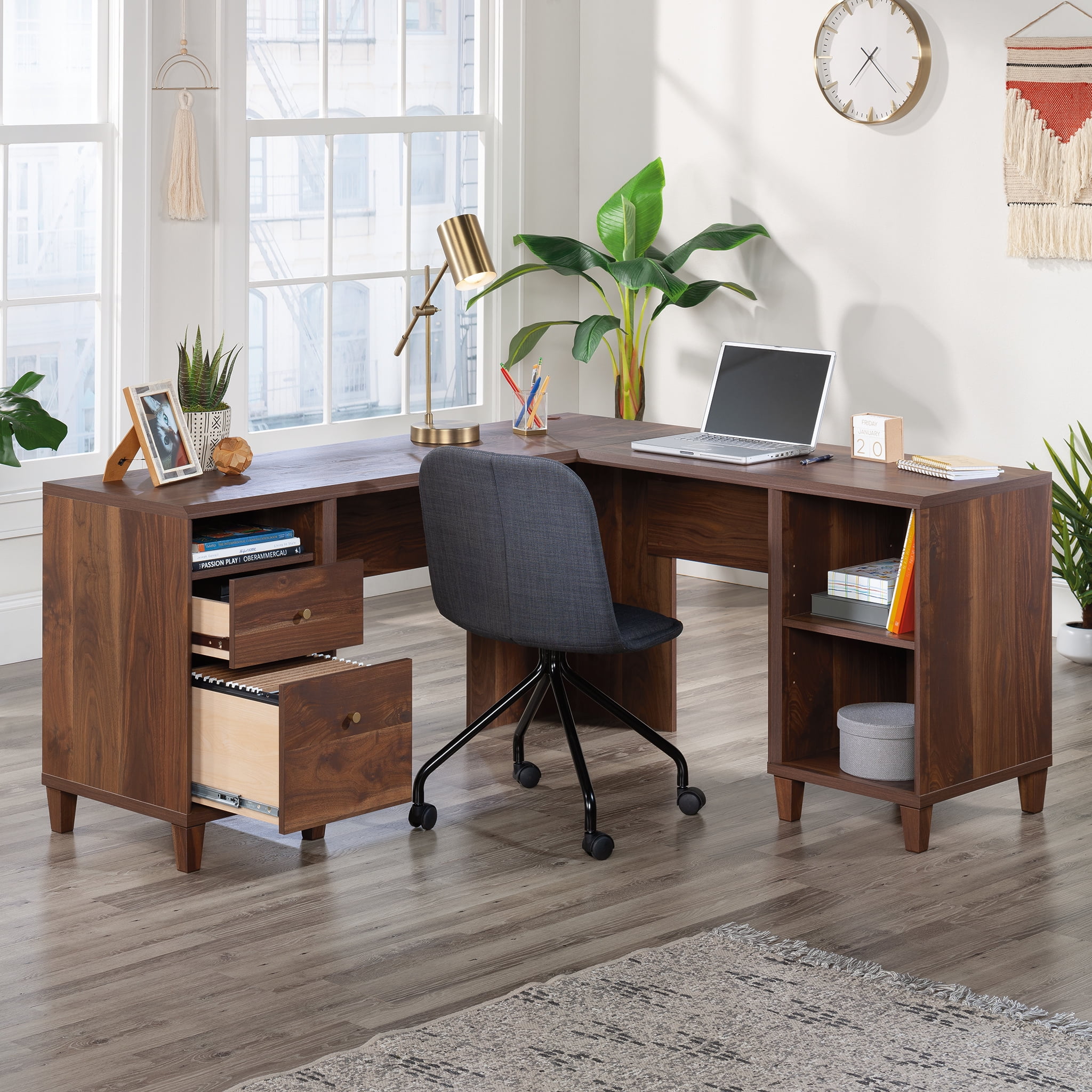 Grand Walnut L-Shaped Corner Desk with Drawers and Filing Cabinet