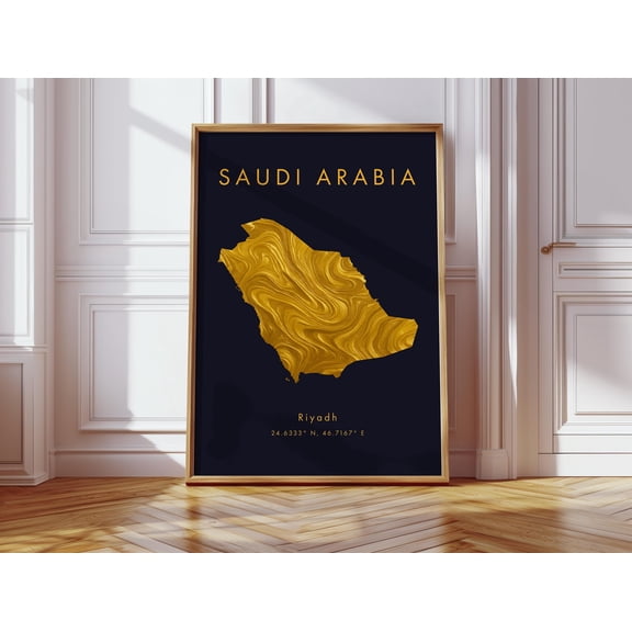 Saudi Arabia Map Poster Gold Asia Wall Art Print Home Decor Geography Map Gift Wallpaper